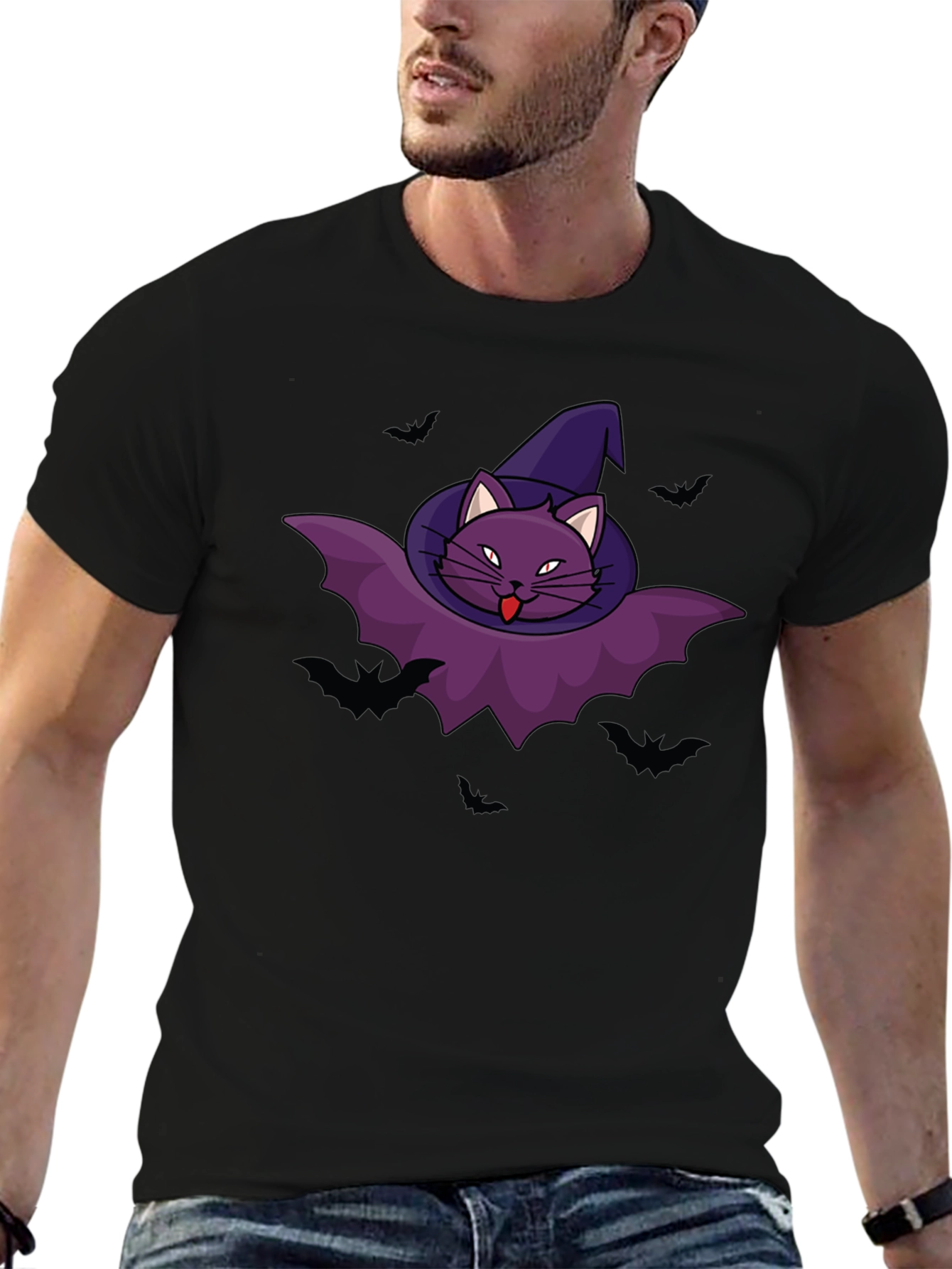 Halloween Cat Bat Graphic Tee