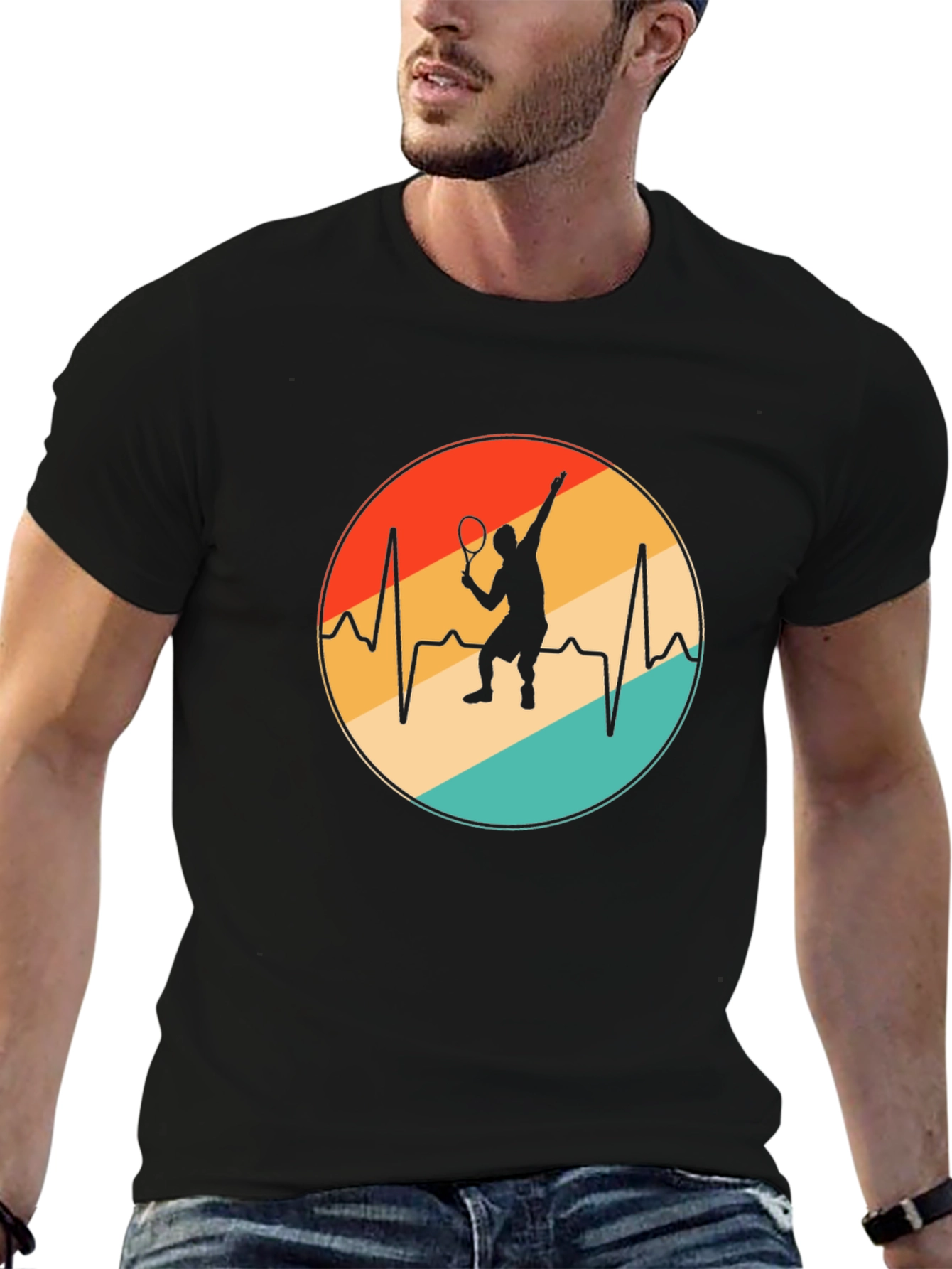 Tennis Heartbeat T-Shirt - Black Cotton Blend Casual Tee