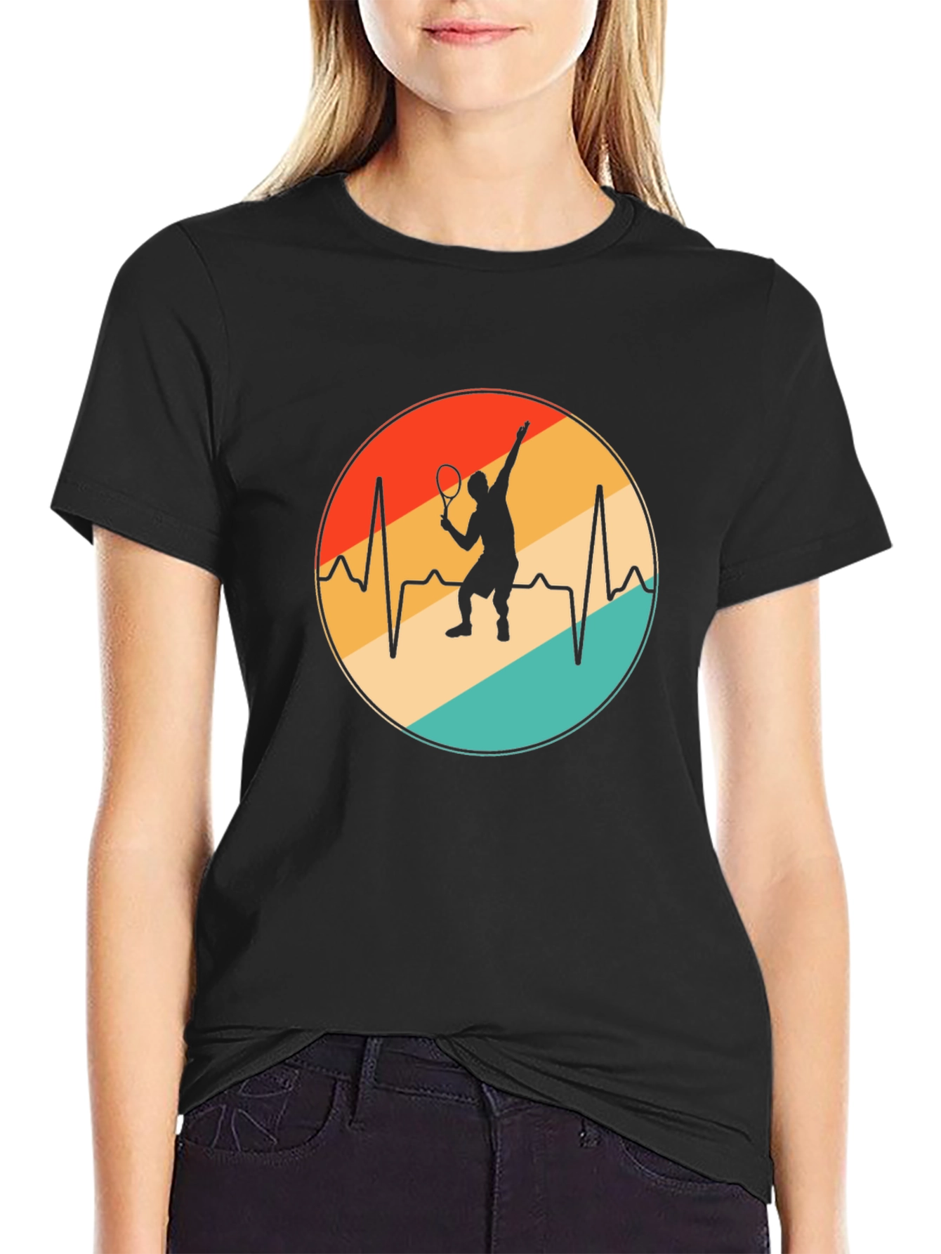 Tennis Heartbeat T-Shirt - Black Cotton Blend Casual Tee