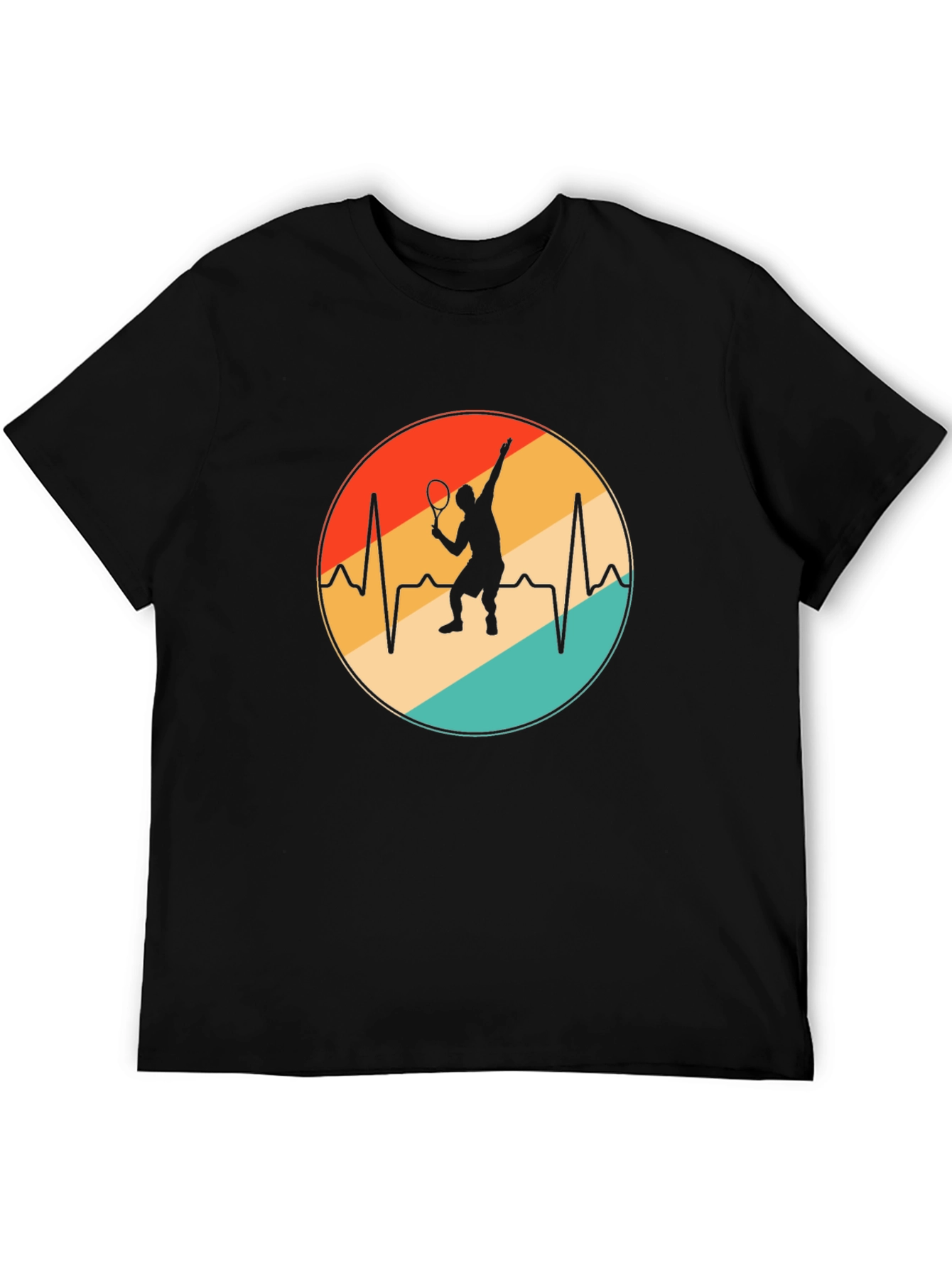 Tennis Heartbeat T-Shirt - Black Cotton Blend Casual Tee