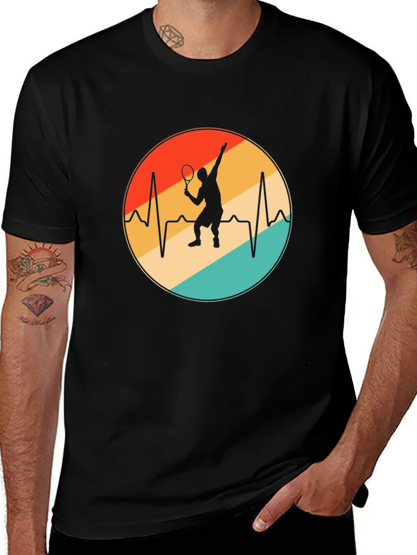 Tennis Heartbeat T-Shirt - Black Cotton Blend Casual Tee