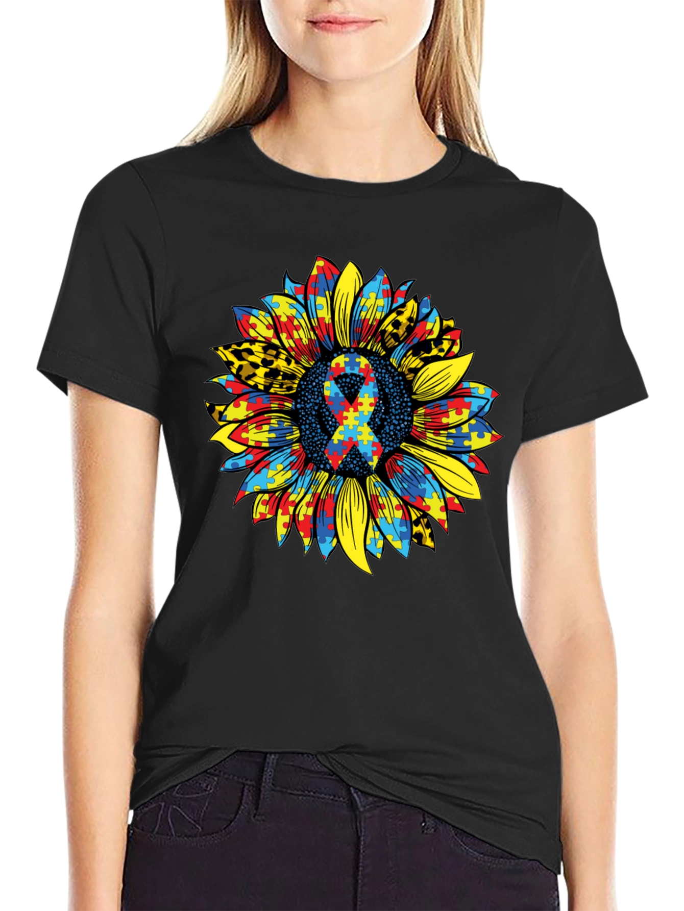 Autism Awareness Sunflower Ribbon Graphic Tee