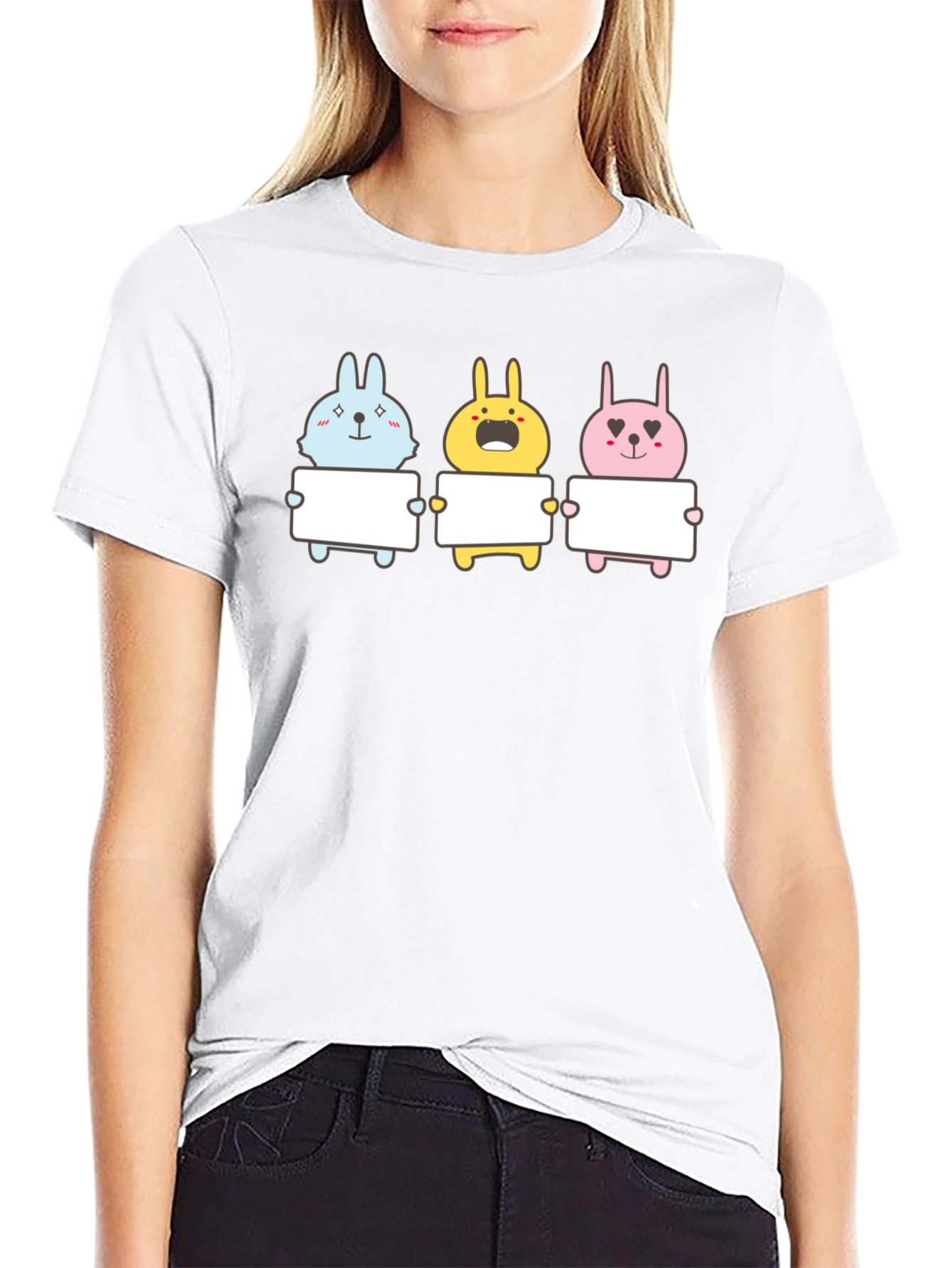 Cute Bunny Trio Graphic Tee - Black