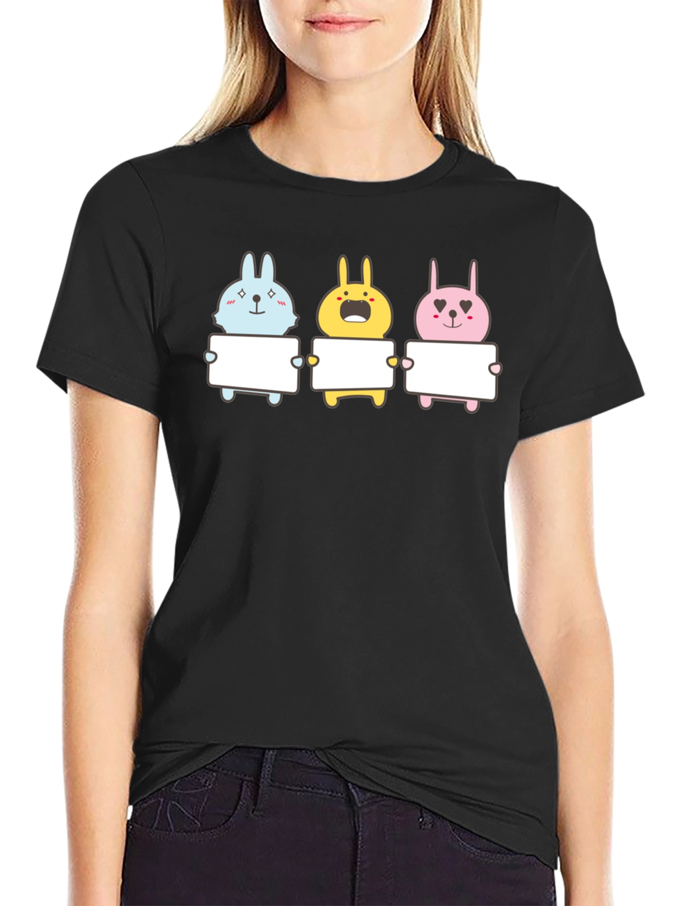 Cute Bunny Trio Graphic Tee - Black