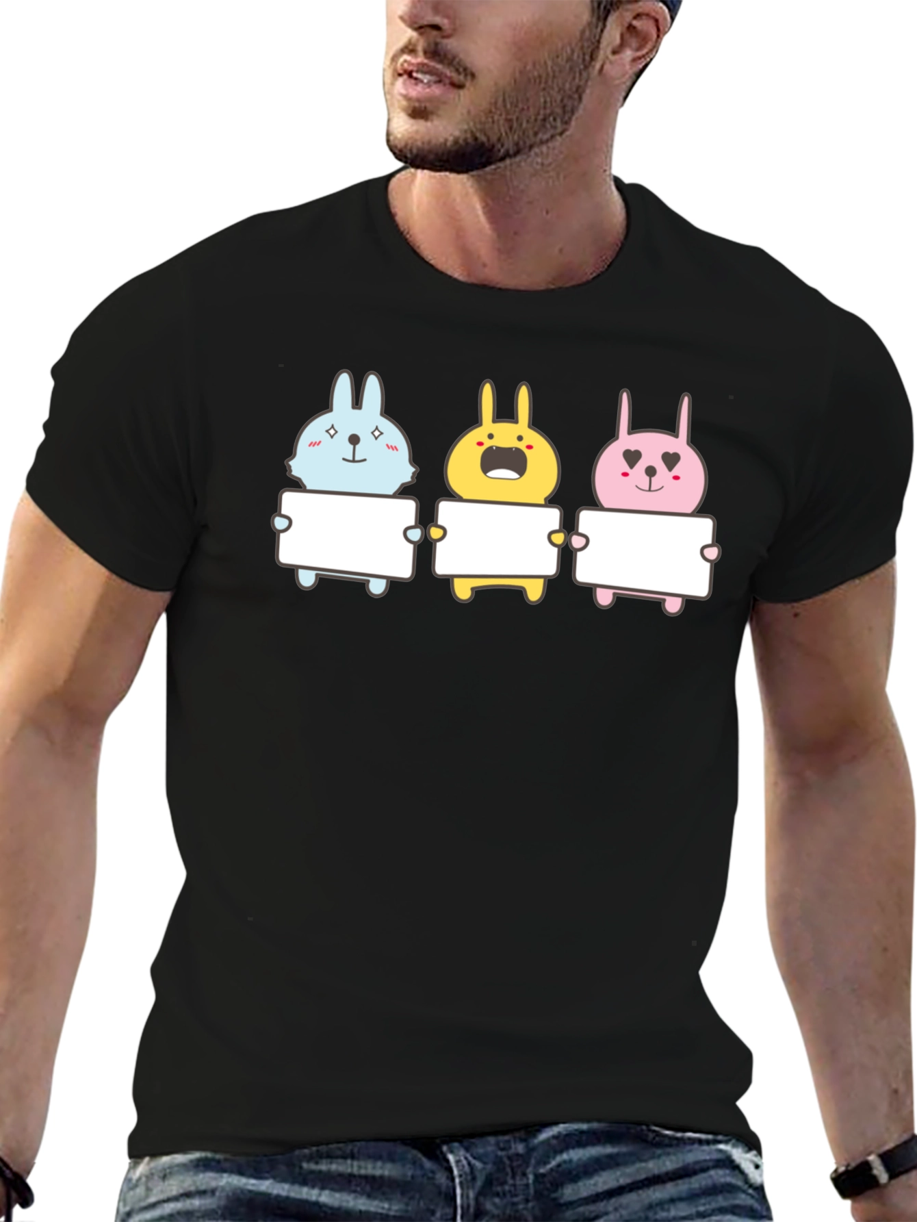 Cute Bunny Trio Graphic Tee - Black