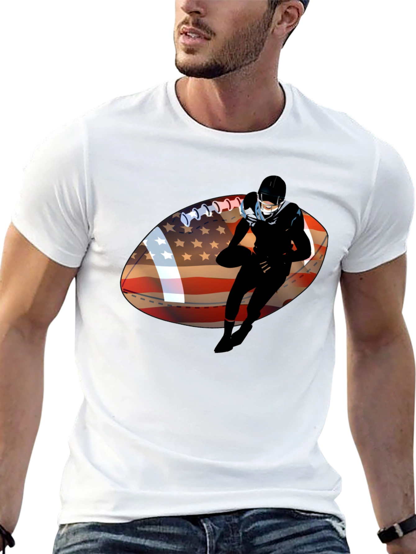Football Player USA Flag Graphic Black T-Shirt