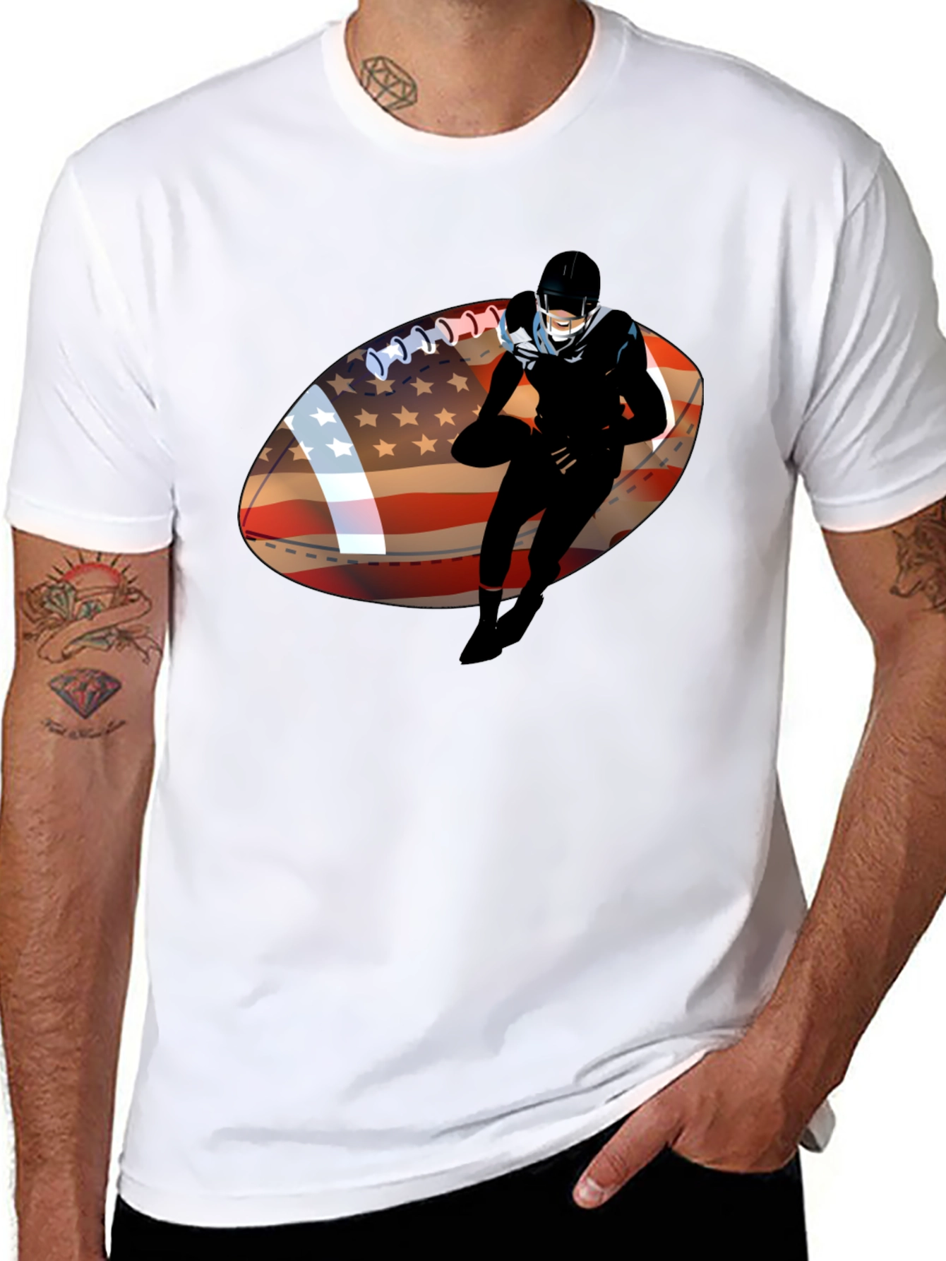 Football Player USA Flag Graphic Black T-Shirt