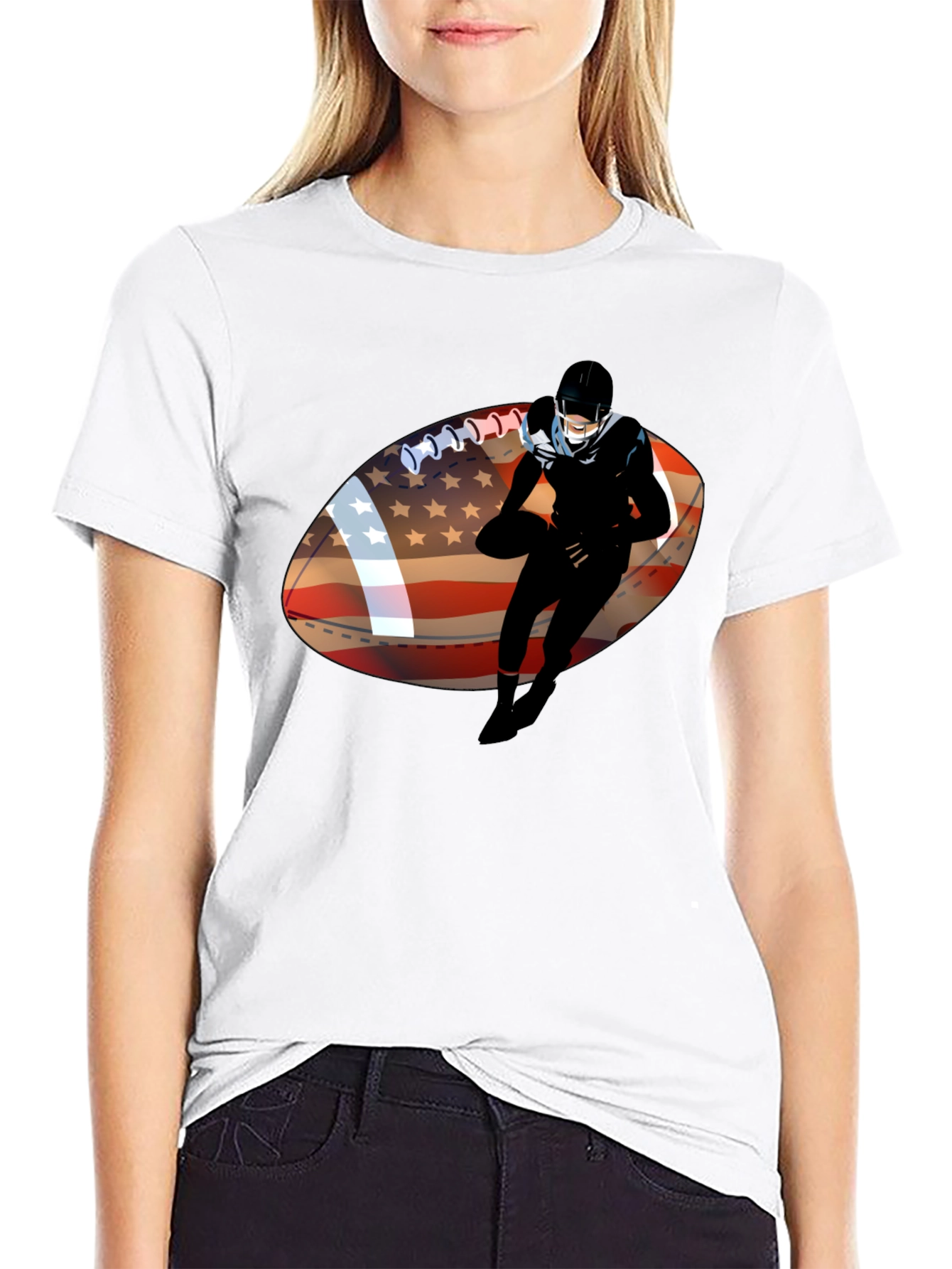 Football Player USA Flag Graphic Black T-Shirt