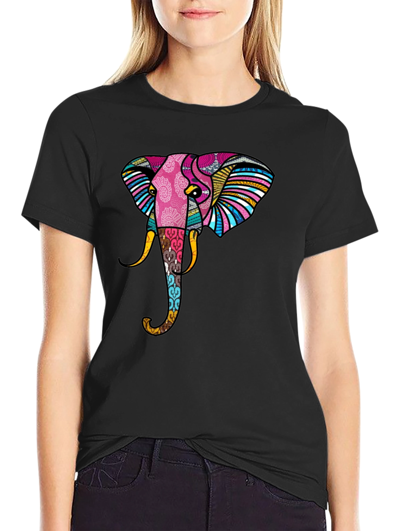 Stylish Elephant Graphic Print Black T-Shirt