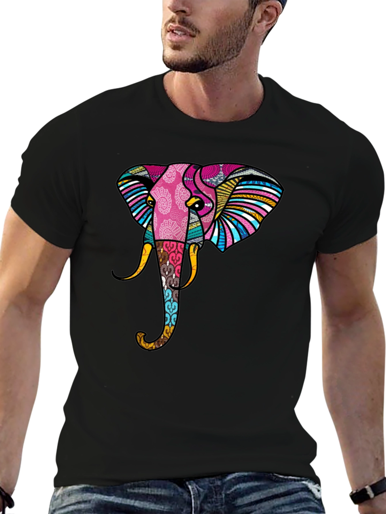 Stylish Elephant Graphic Print Black T-Shirt
