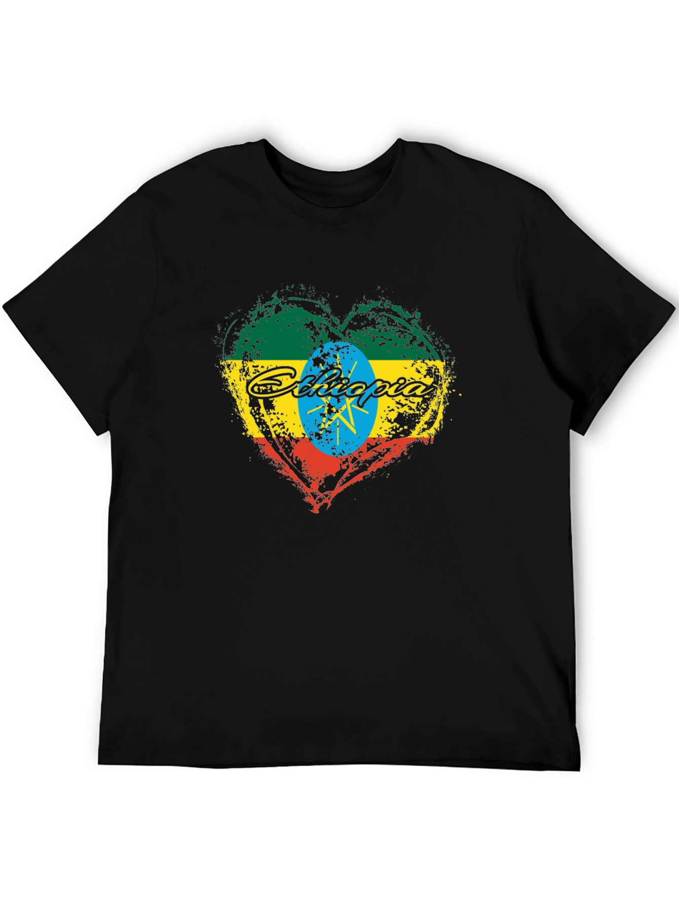 Ethiopia Flag Heart Graphic Black T-Shirt