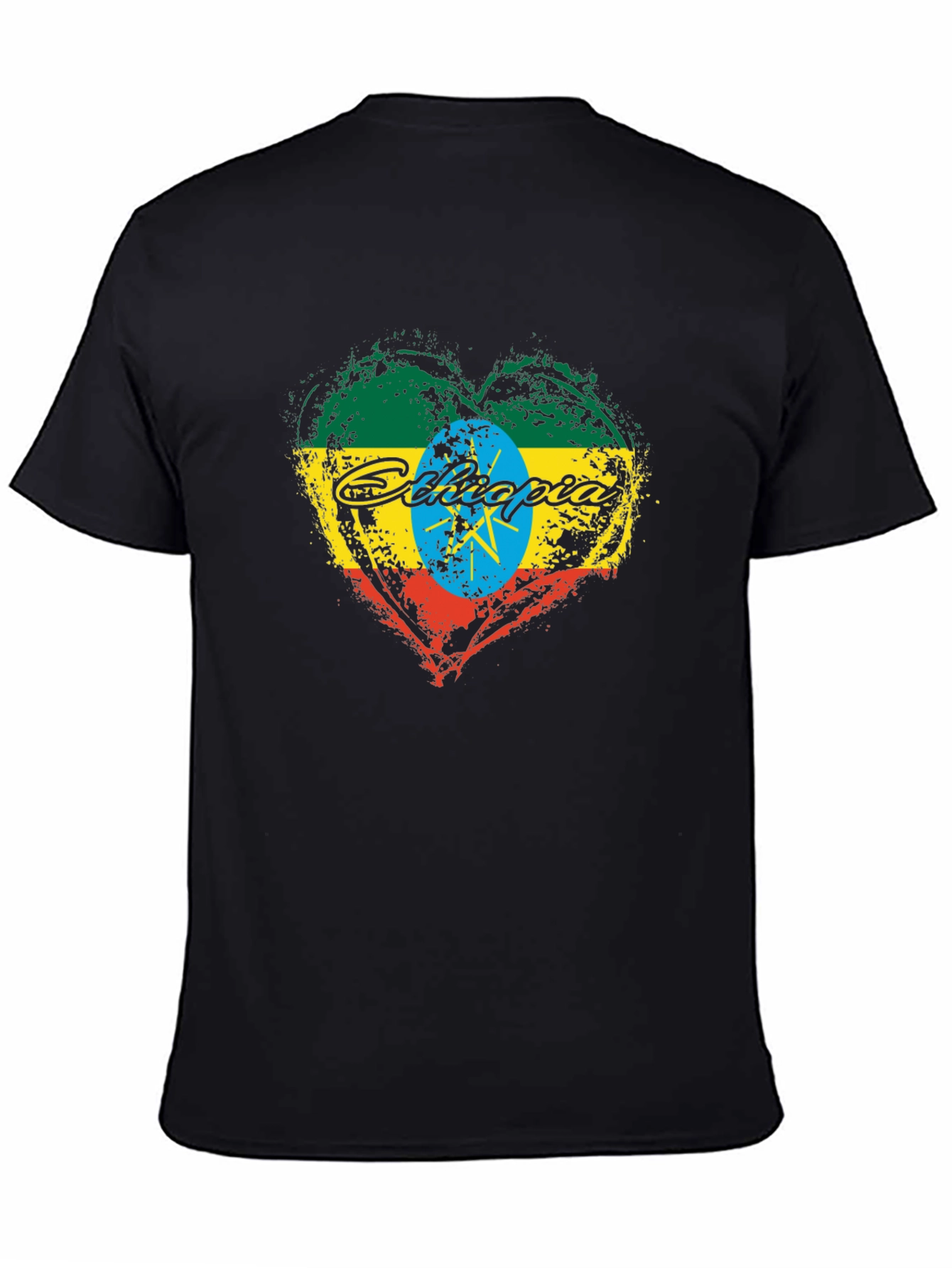 Ethiopia Flag Heart Graphic Black T-Shirt