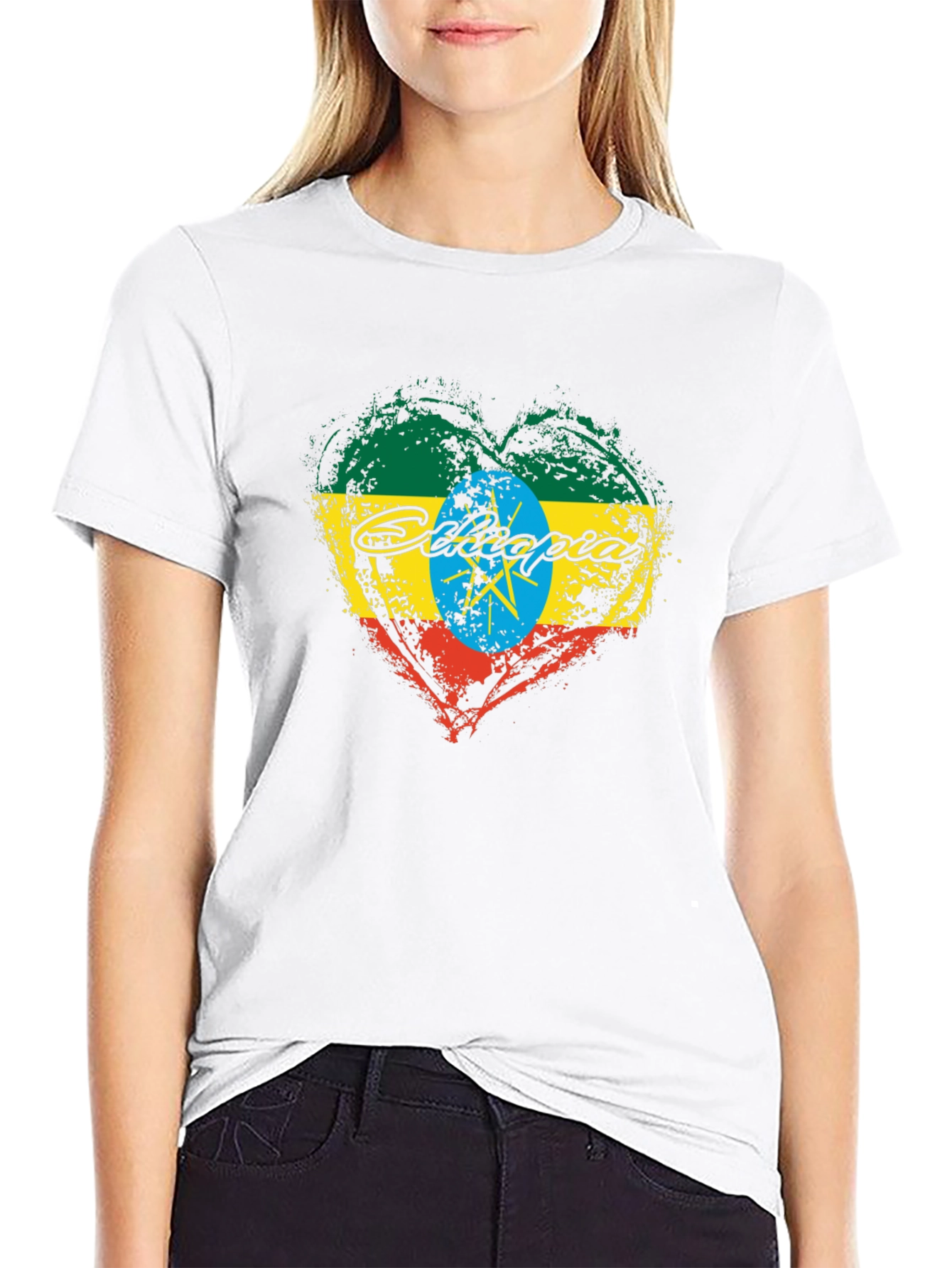 Ethiopia Flag Heart Graphic Black T-Shirt