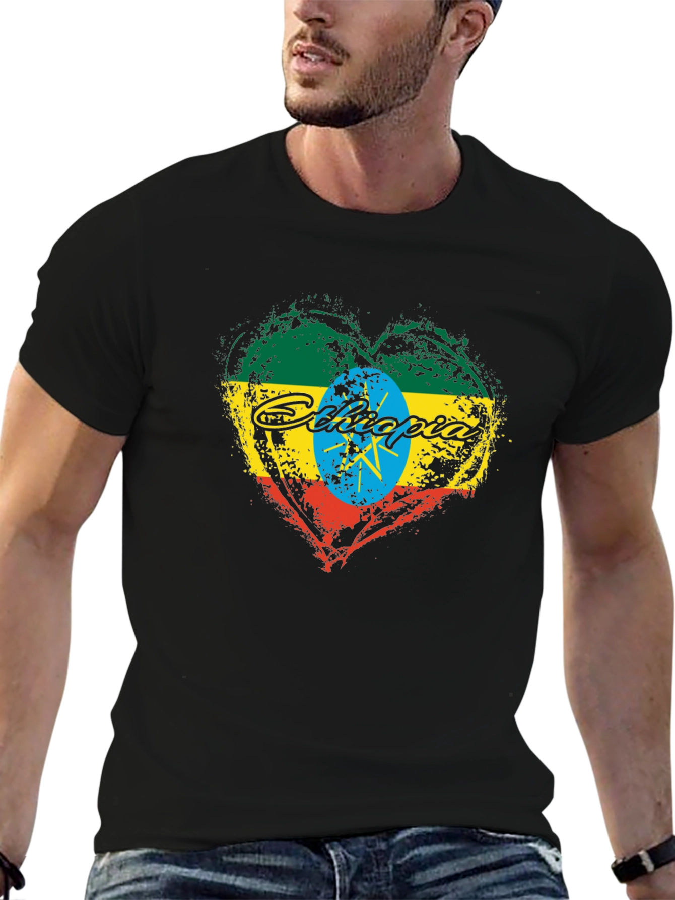 Ethiopia Flag Heart Graphic Black T-Shirt