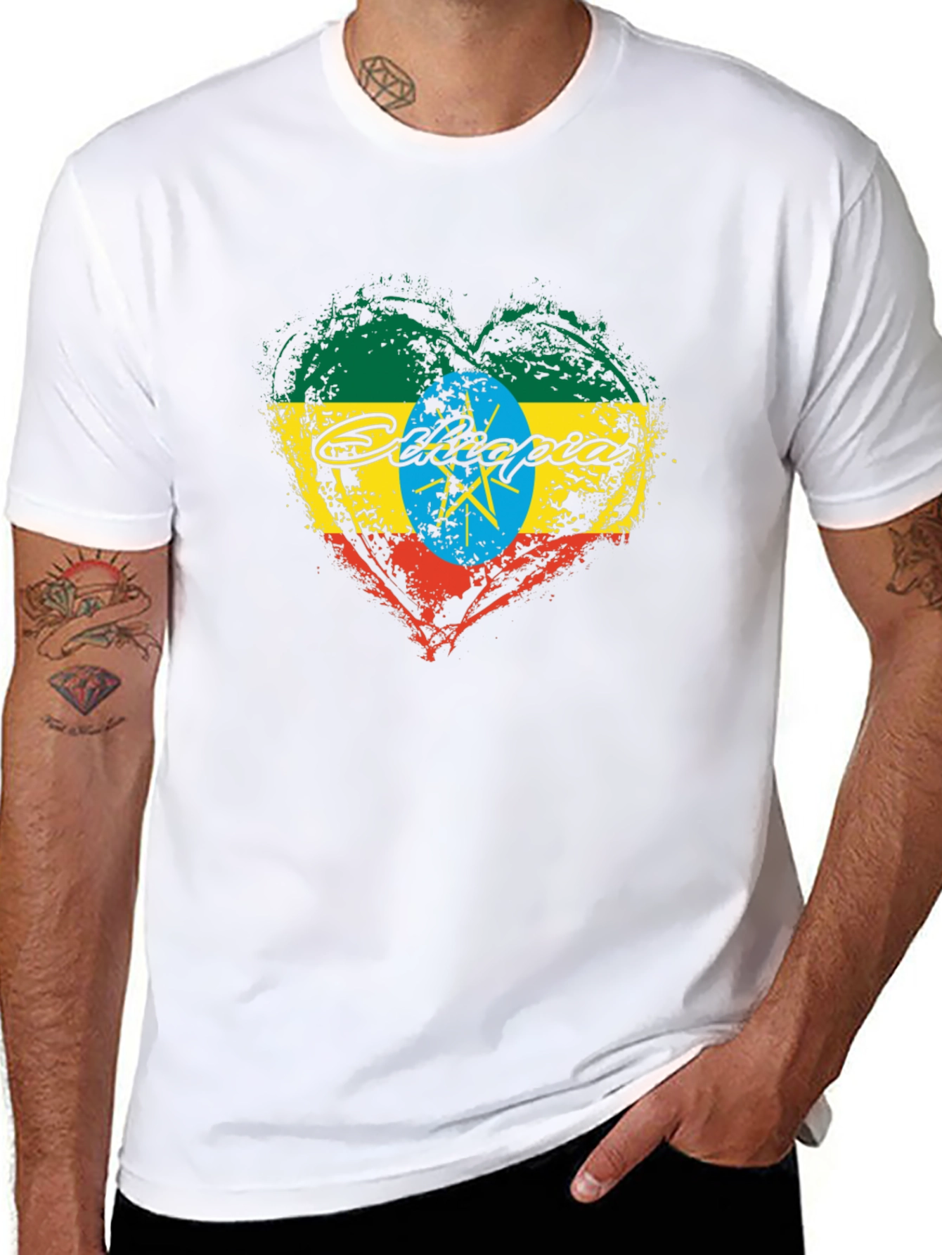 Ethiopia Flag Heart Graphic Black T-Shirt