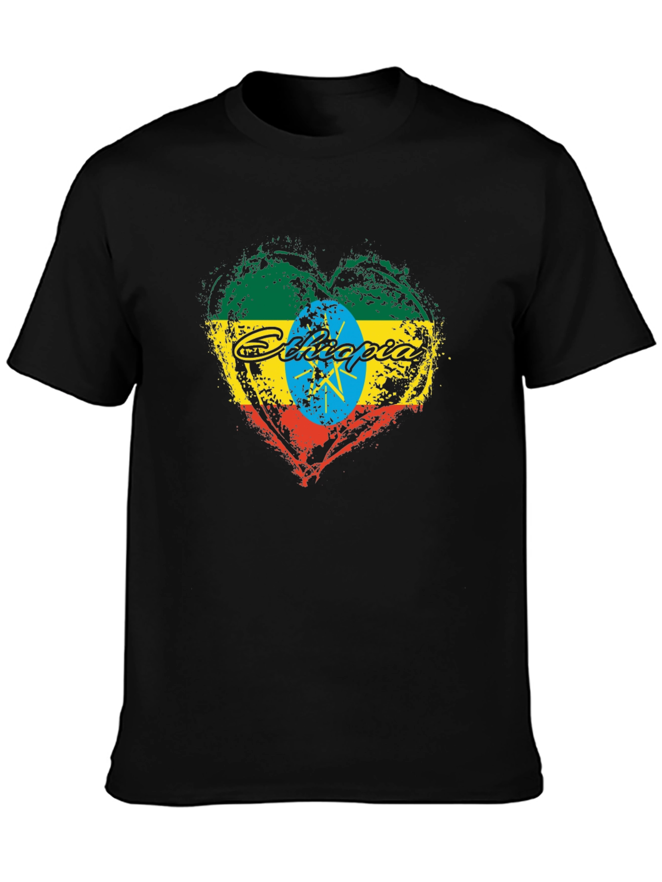 Ethiopia Flag Heart Graphic Black T-Shirt