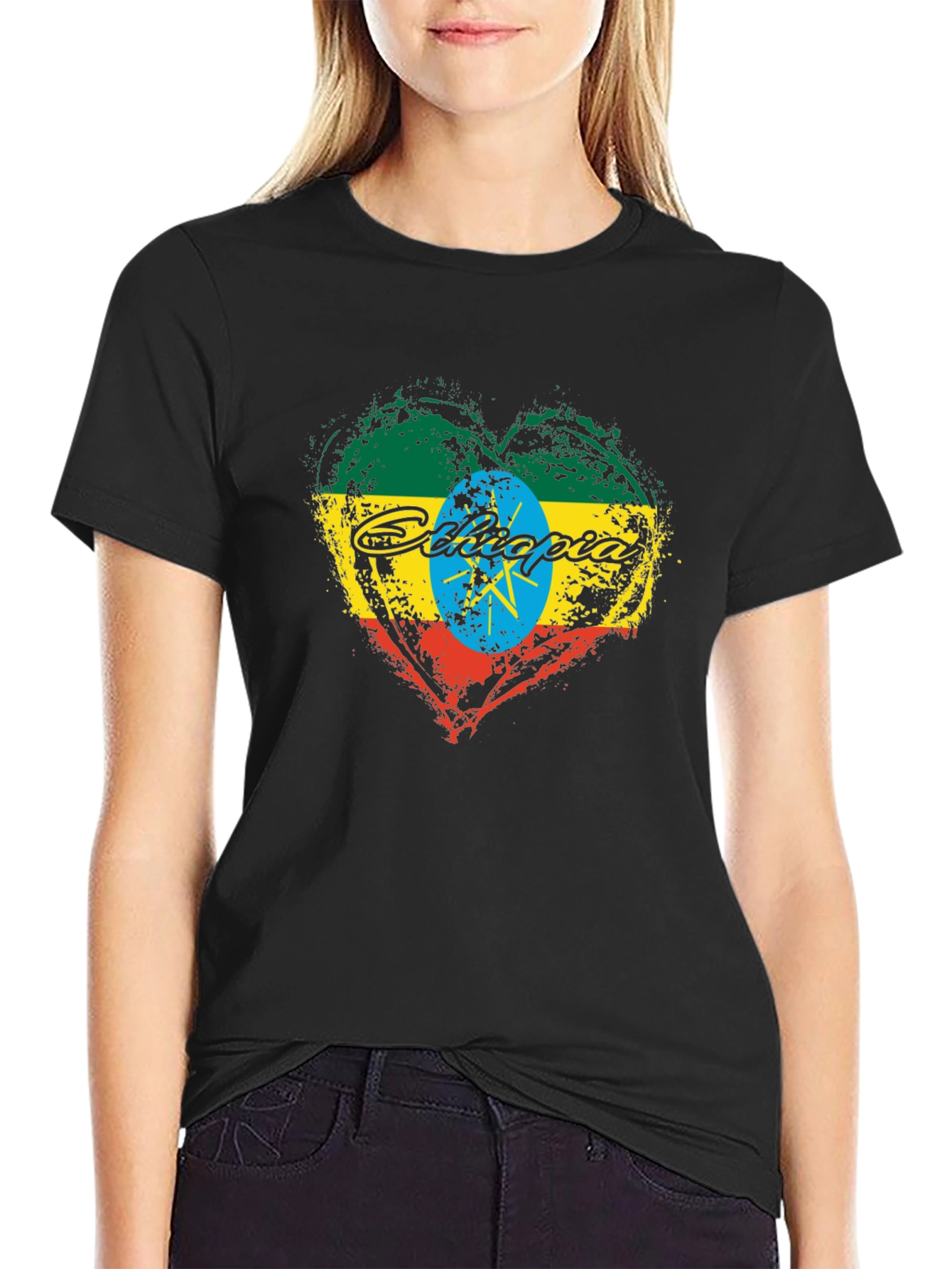 Ethiopia Flag Heart Graphic Black T-Shirt