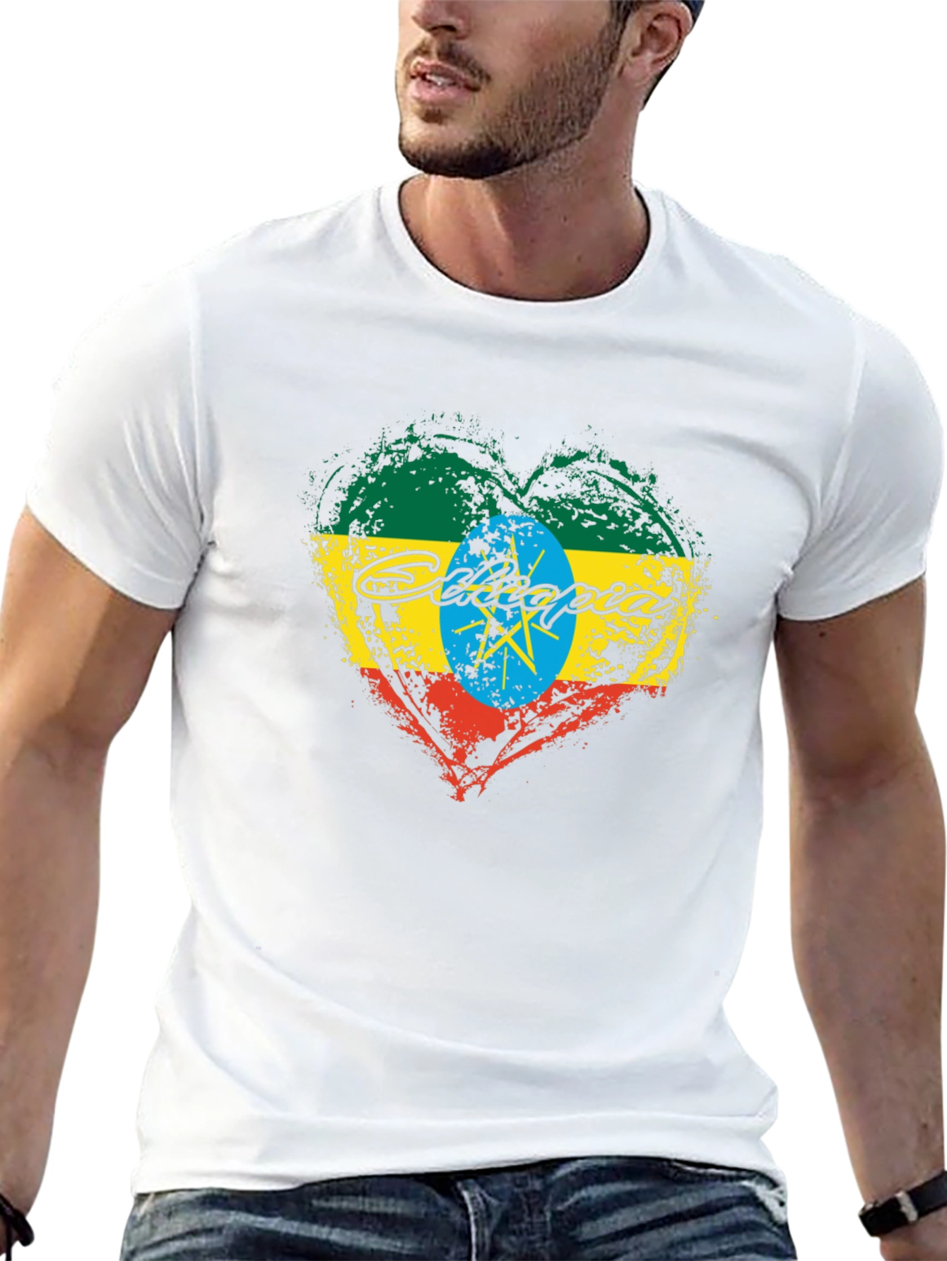 Ethiopia Flag Heart Graphic Black T-Shirt
