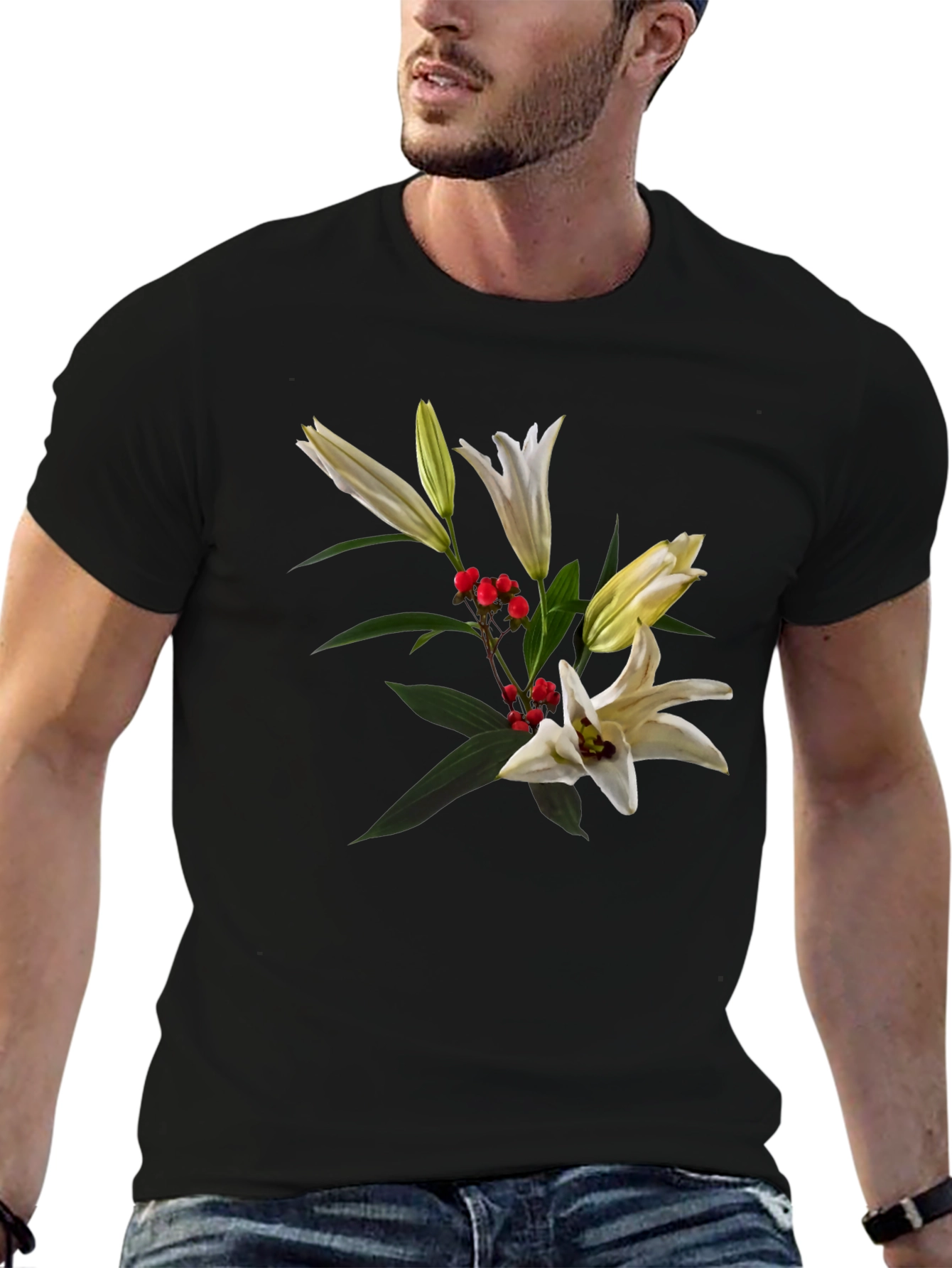 Floral Lily Graphic Black T-Shirt