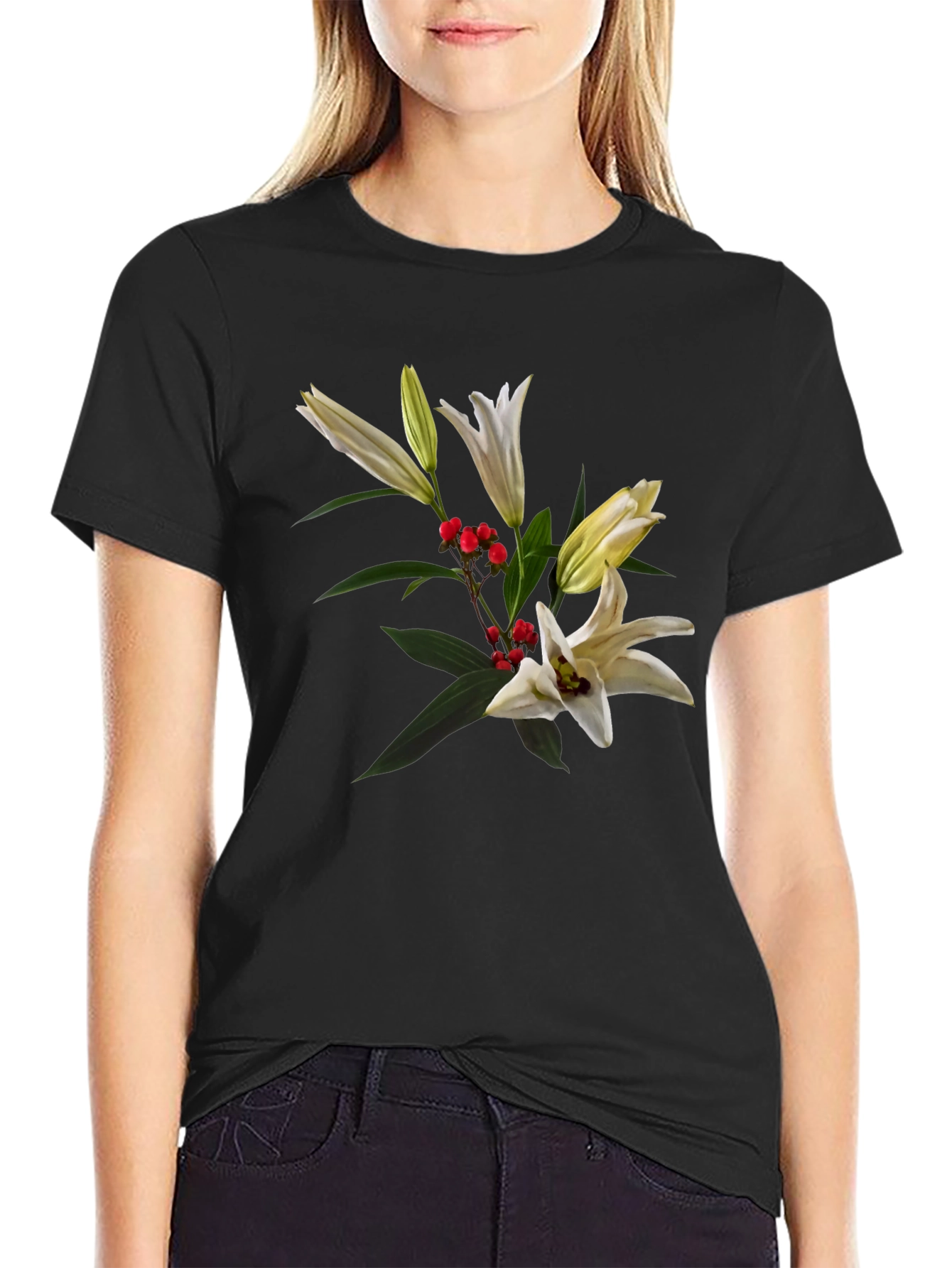 Floral Lily Graphic Black T-Shirt