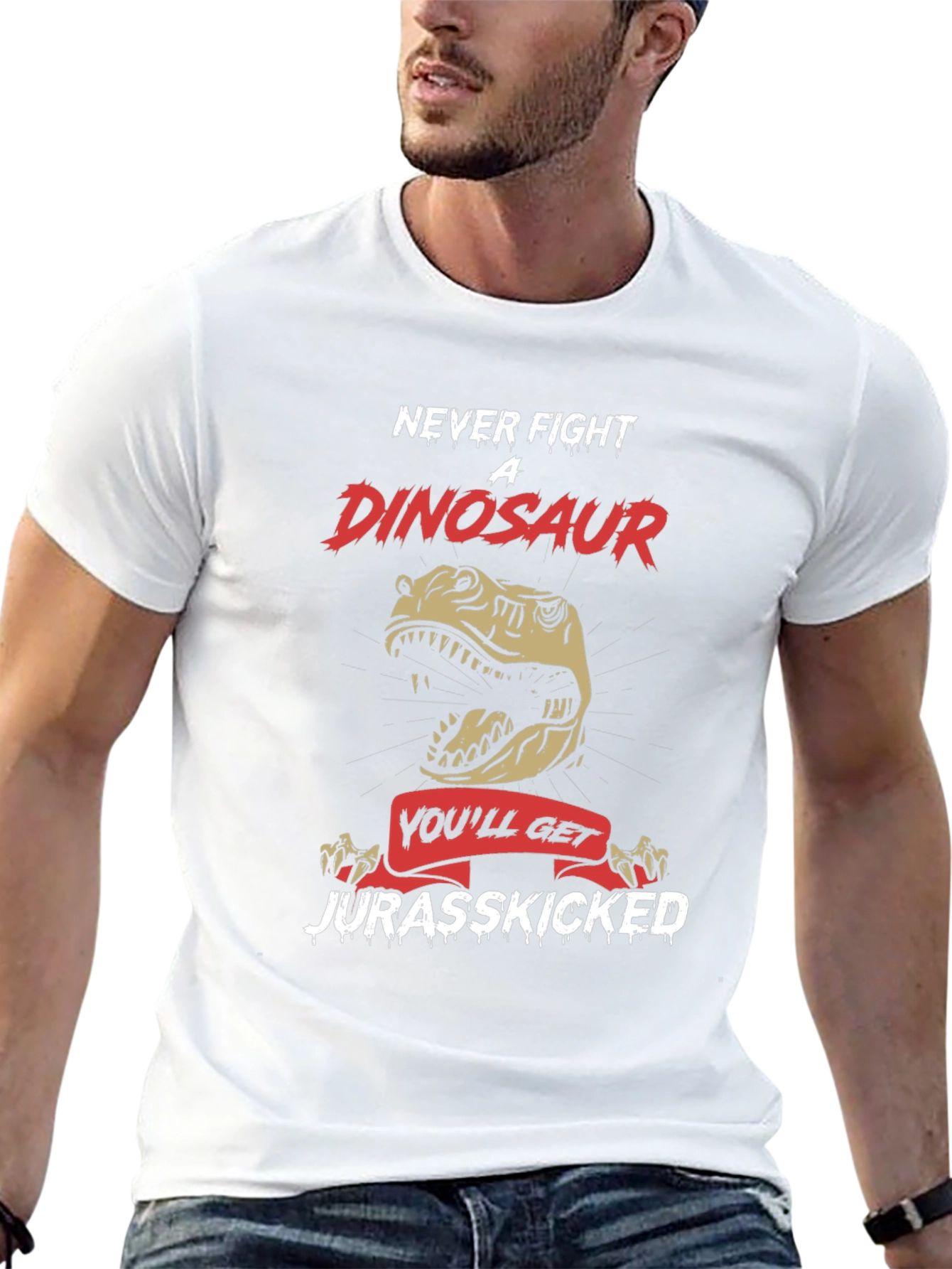 Never Fight Dinosaur T-Shirt - Jurassic Pun