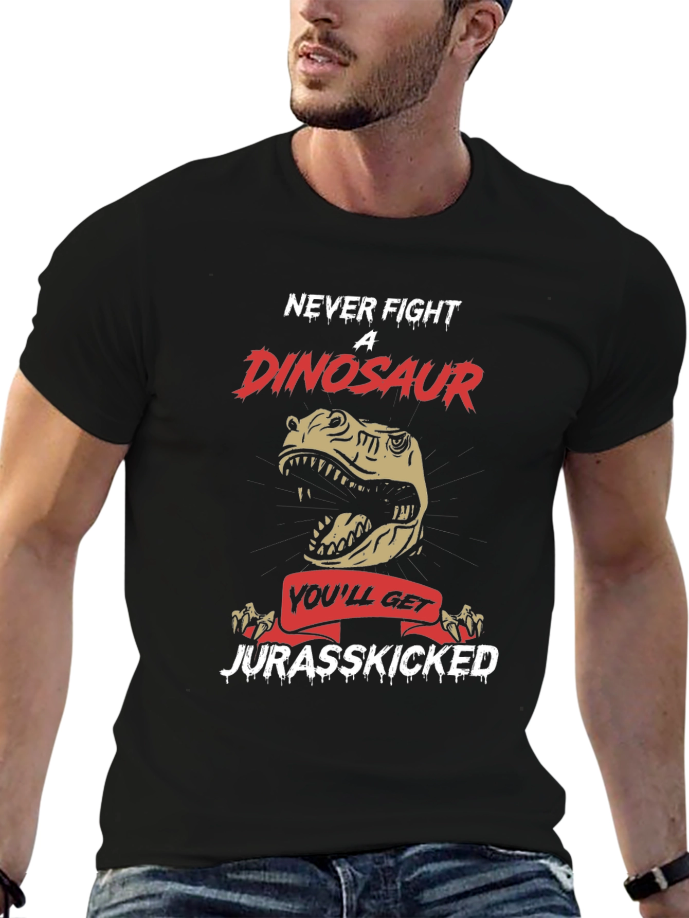 Never Fight Dinosaur T-Shirt - Jurassic Pun