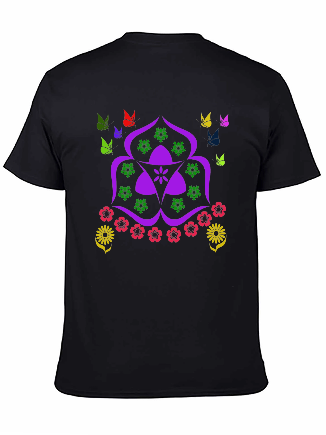 Floral Butterfly Mandala Black T-Shirt