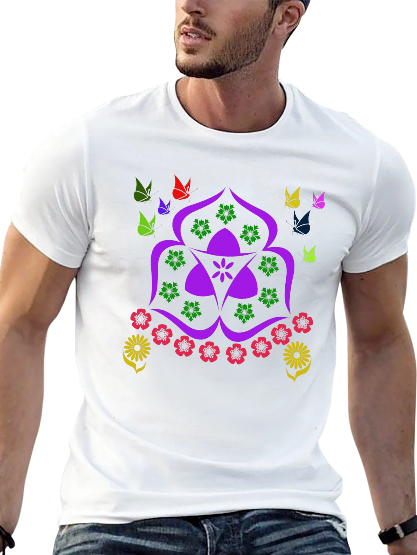 Floral Butterfly Mandala Black T-Shirt