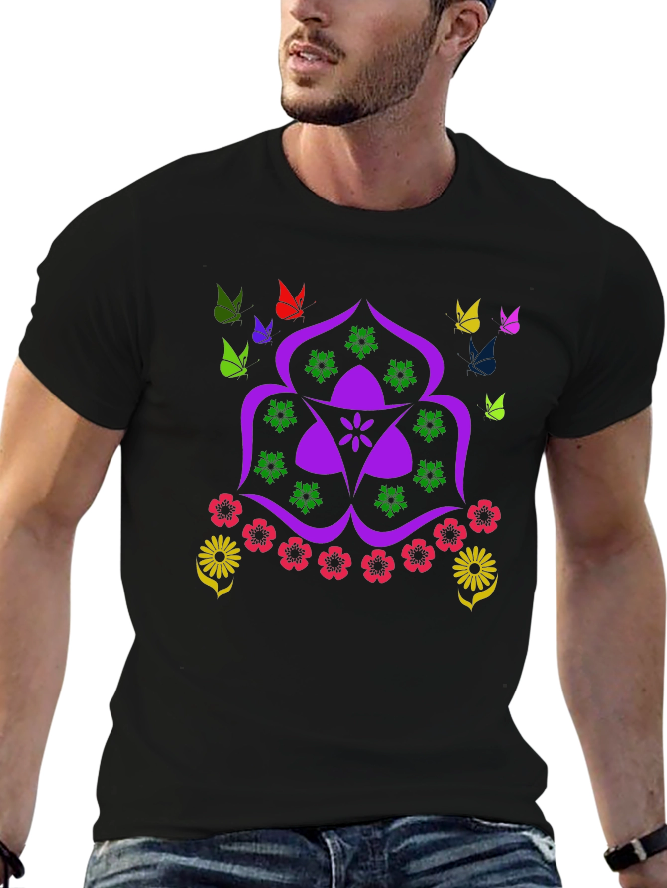Floral Butterfly Mandala Black T-Shirt