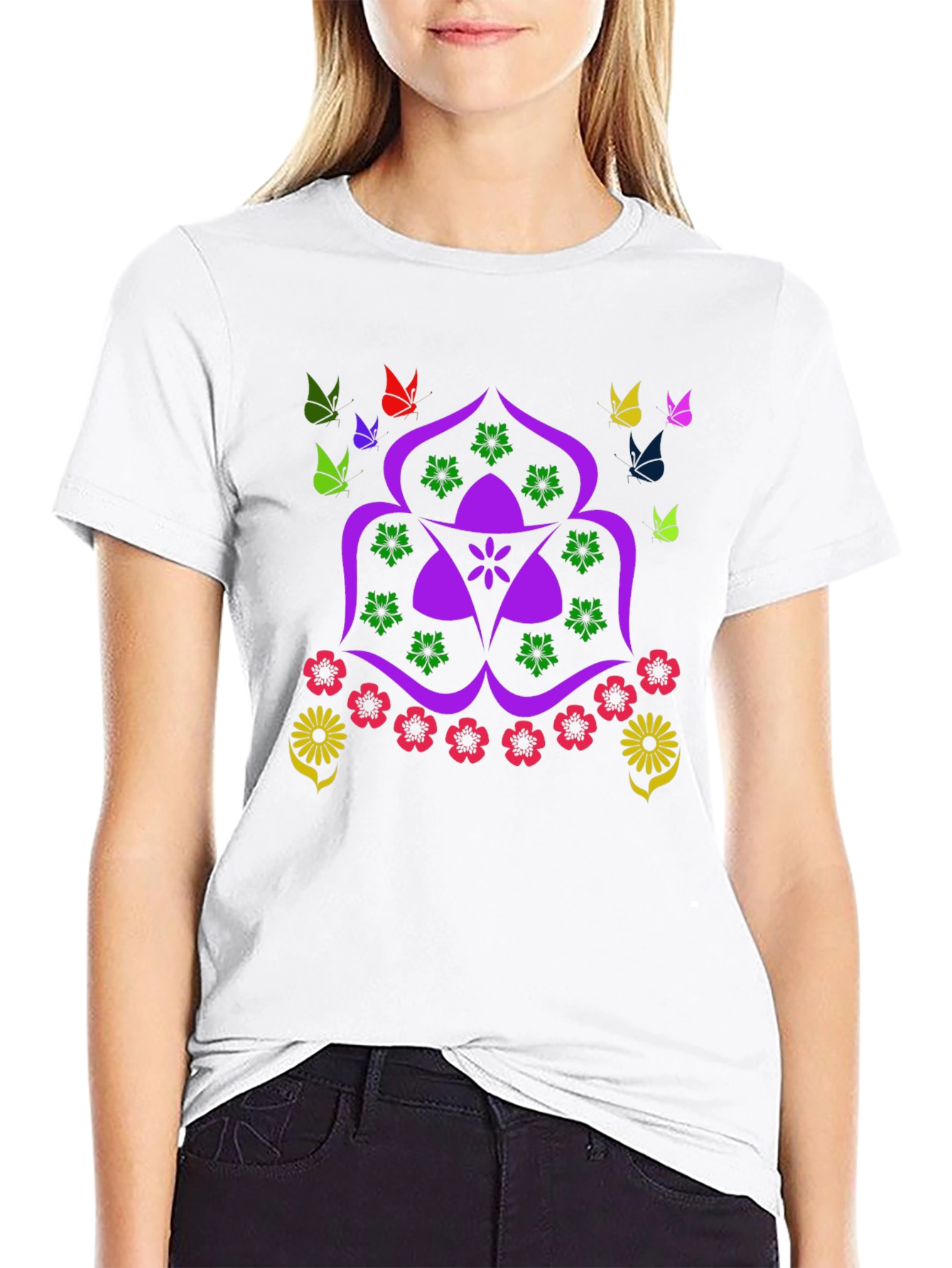 Floral Butterfly Mandala Black T-Shirt