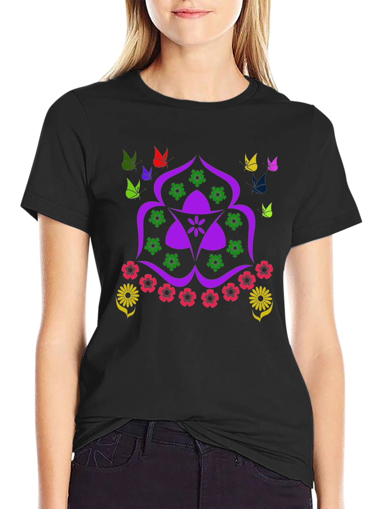 Floral Butterfly Mandala Black T-Shirt