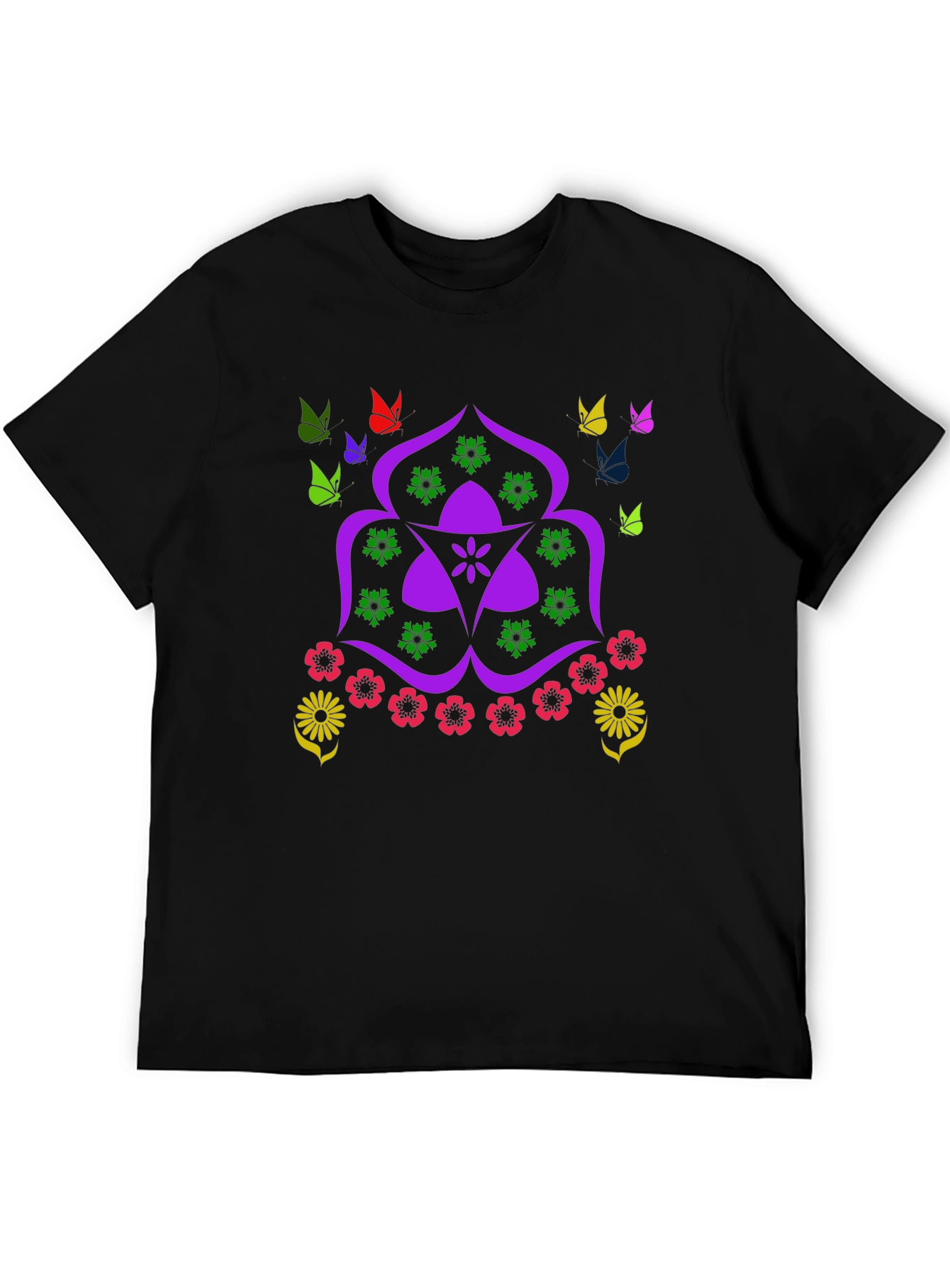 Floral Butterfly Mandala Black T-Shirt