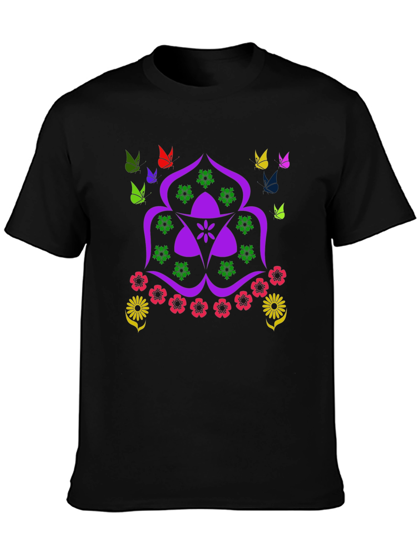 Floral Butterfly Mandala Black T-Shirt