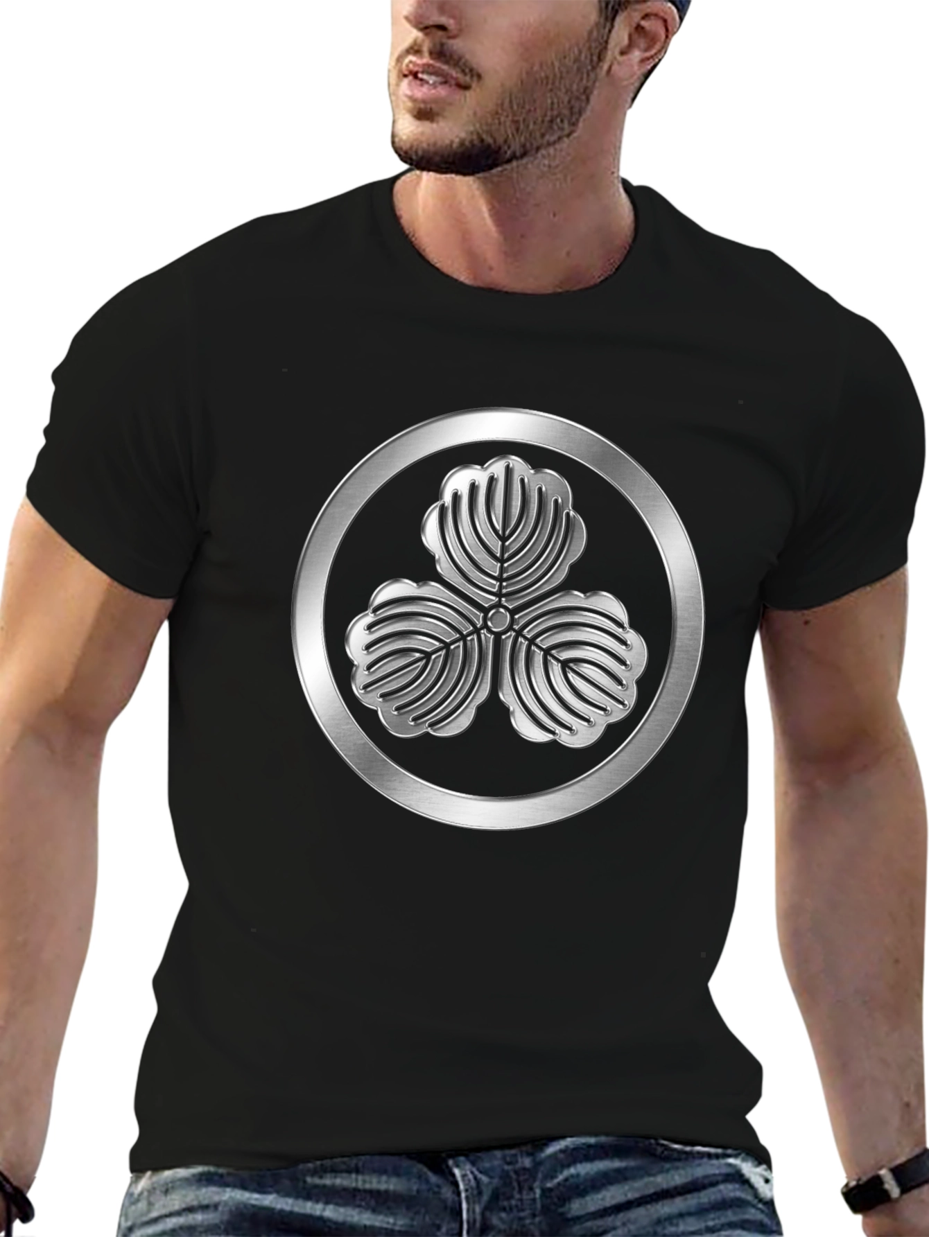 Black T-Shirt with 3-Leaf Kamon Design