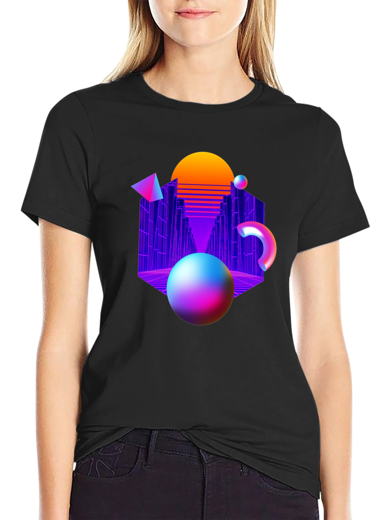 Retro Wave Black T-Shirt - Geometric Design