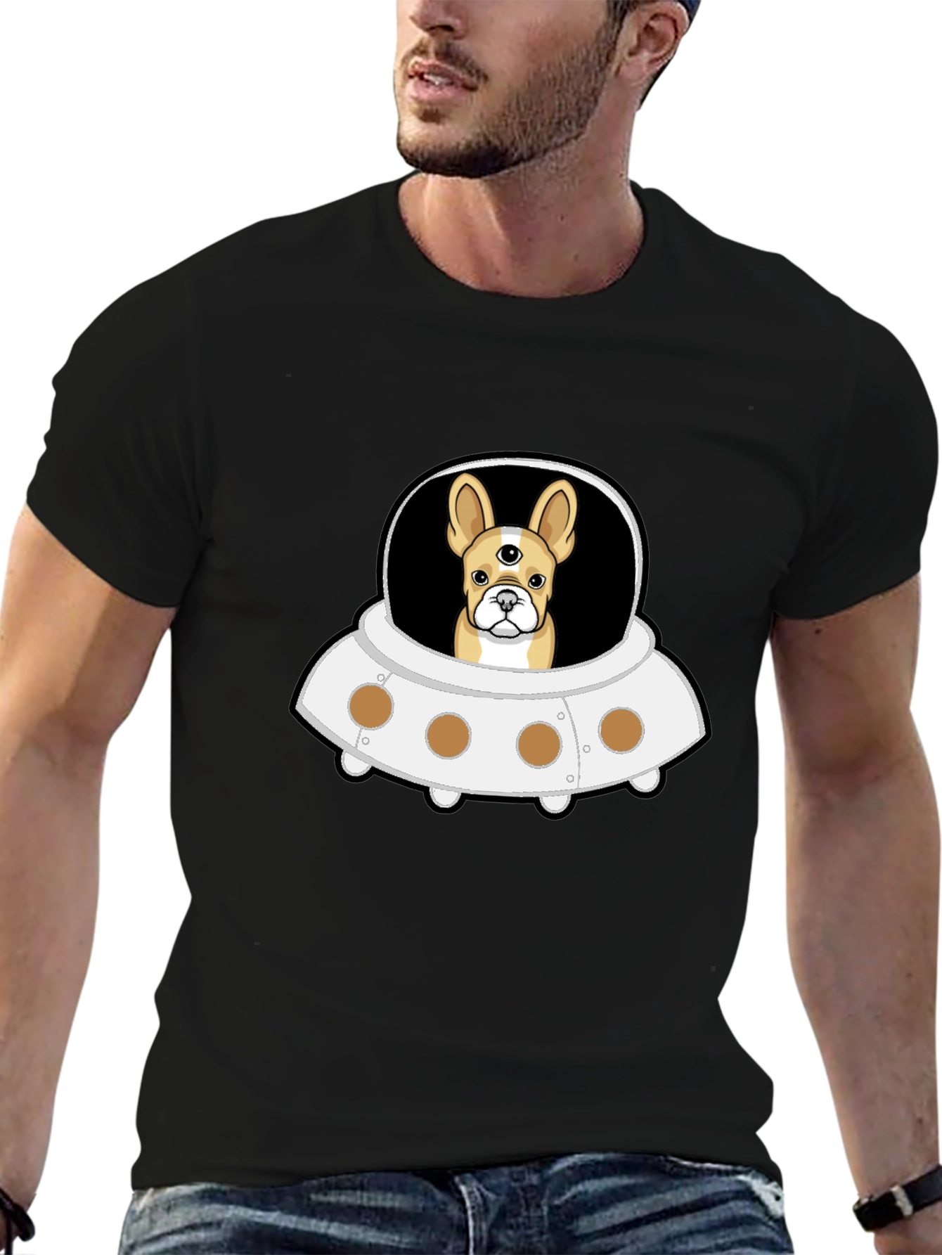 UFO Alien Dog Black T-Shirt