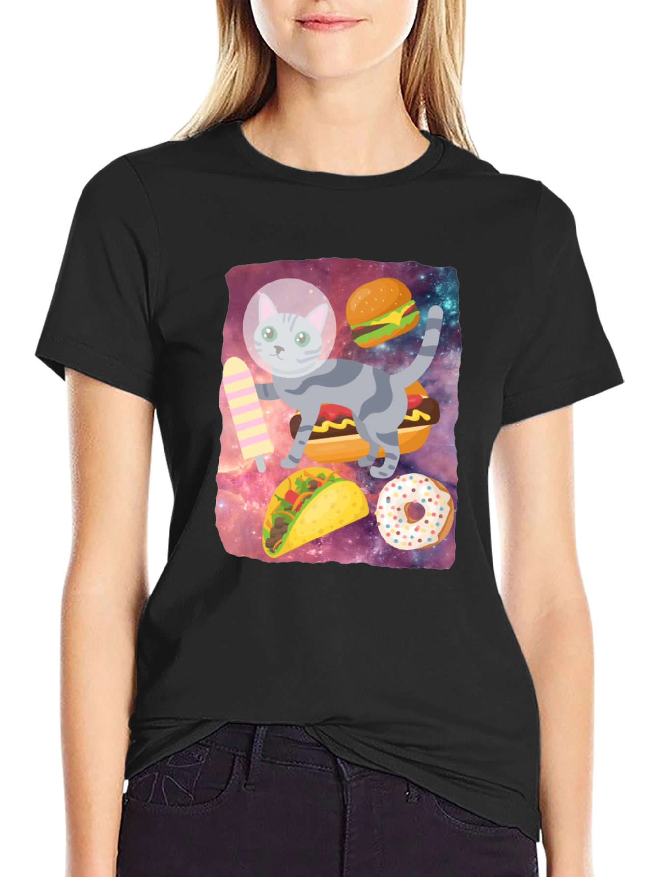 Space Cat Foodie Graphic T-Shirt