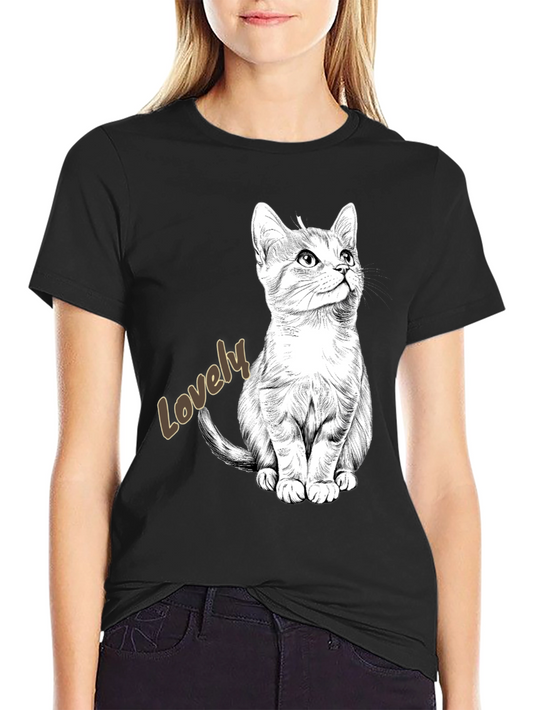 Lovely Cat Graphic Tee - Black Cotton Casual Shirt