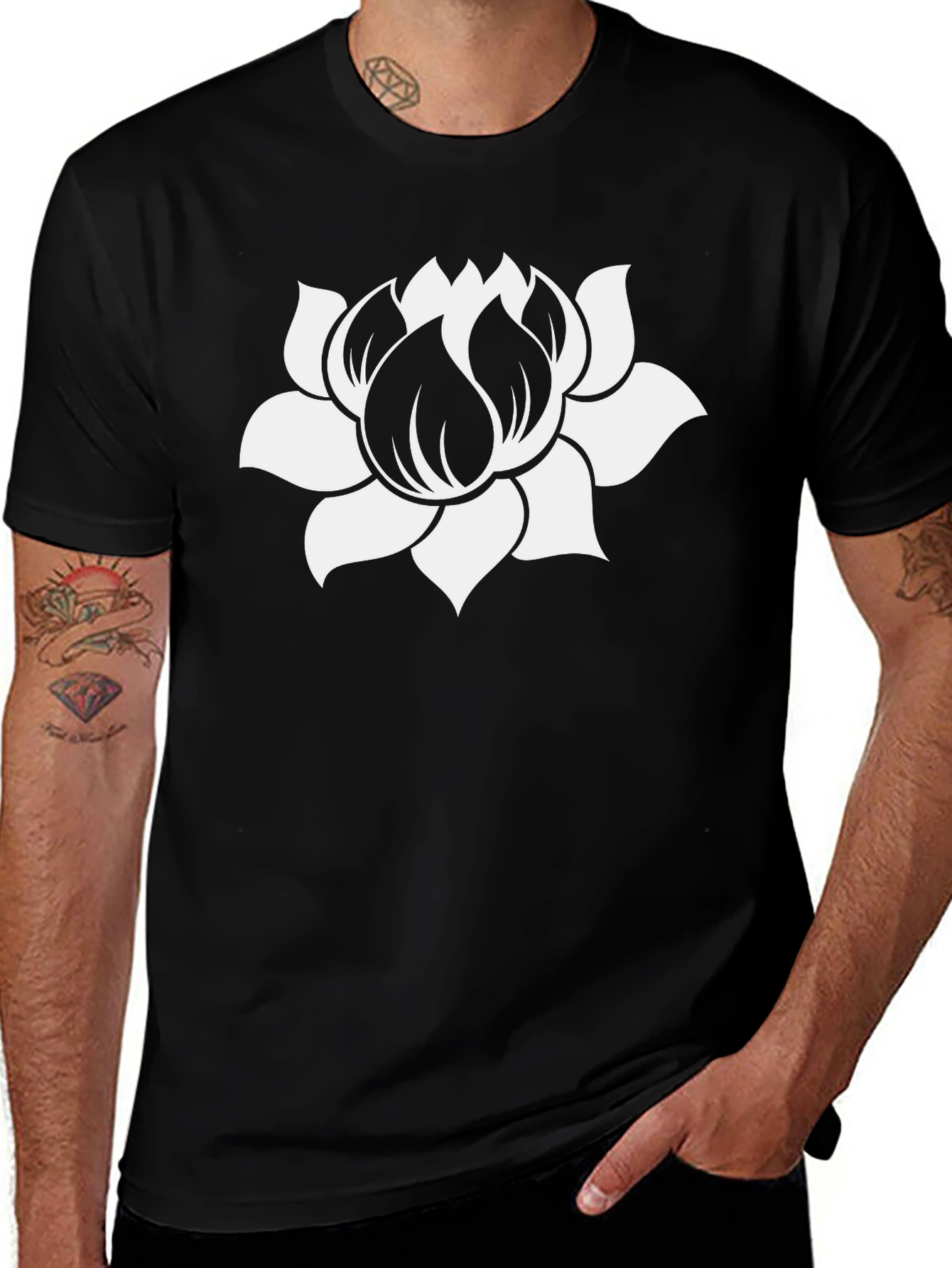 Lotus Flower Graphic Tee - Black Cotton Blend T-Shirt
