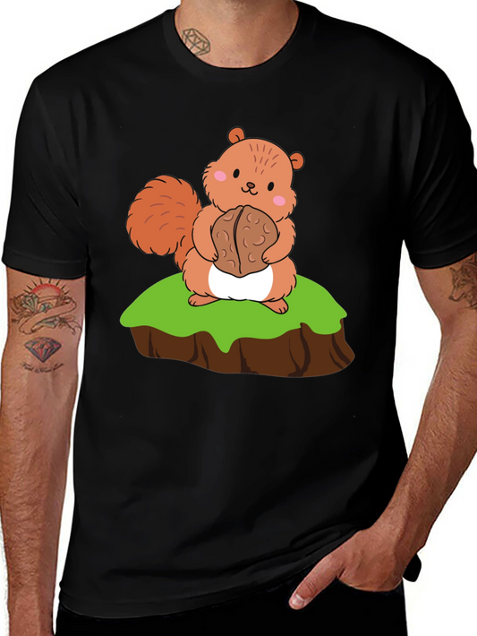Cute Squirrel Holding Nut Graphic Tee - Black