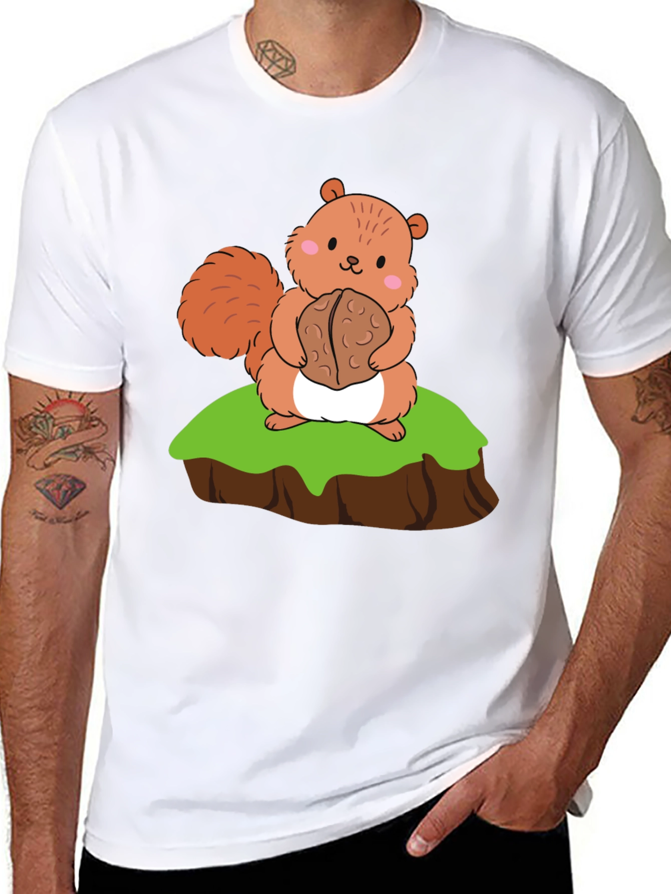 Cute Squirrel Holding Nut Graphic Tee - Black