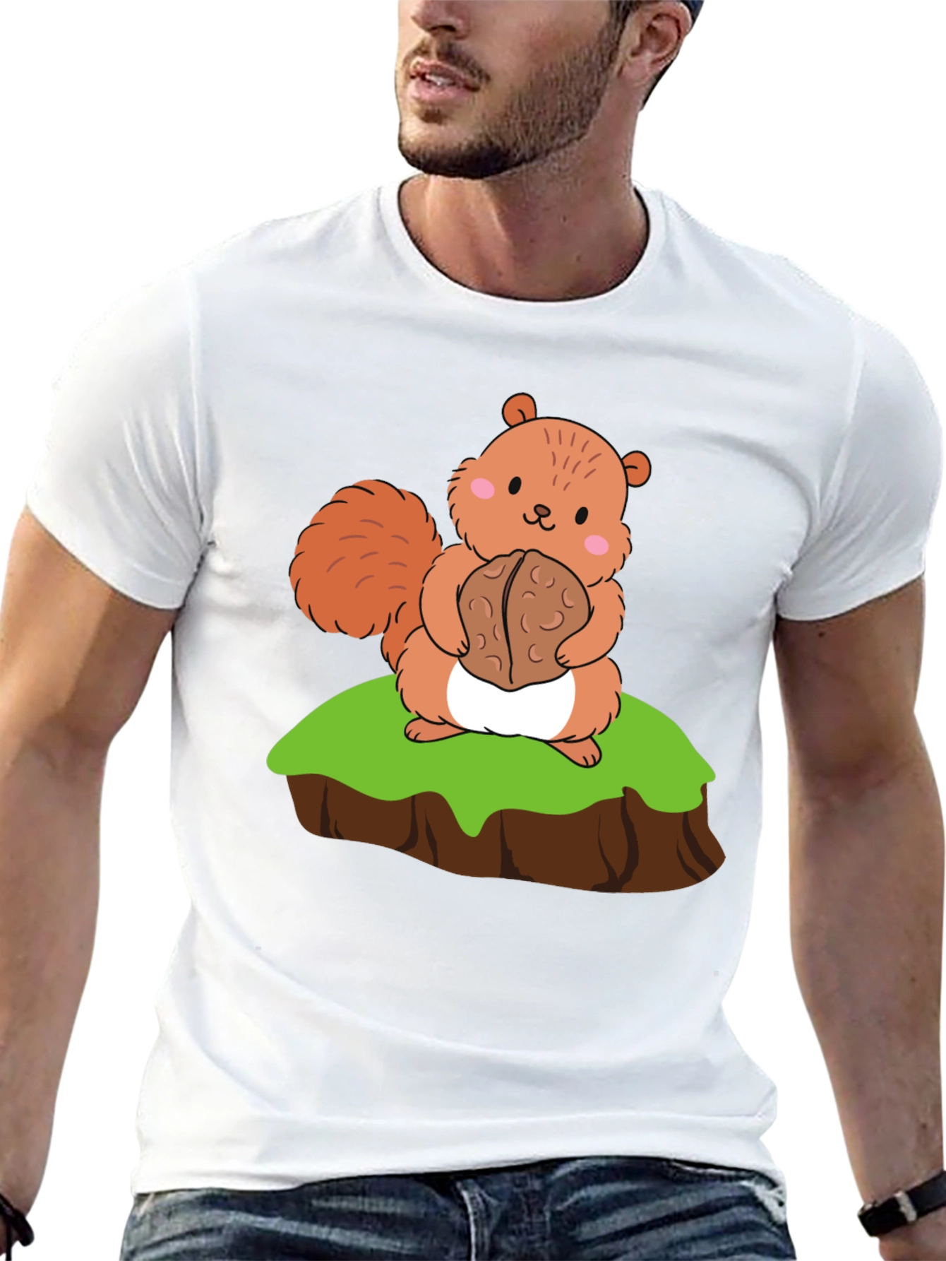Cute Squirrel Holding Nut Graphic Tee - Black