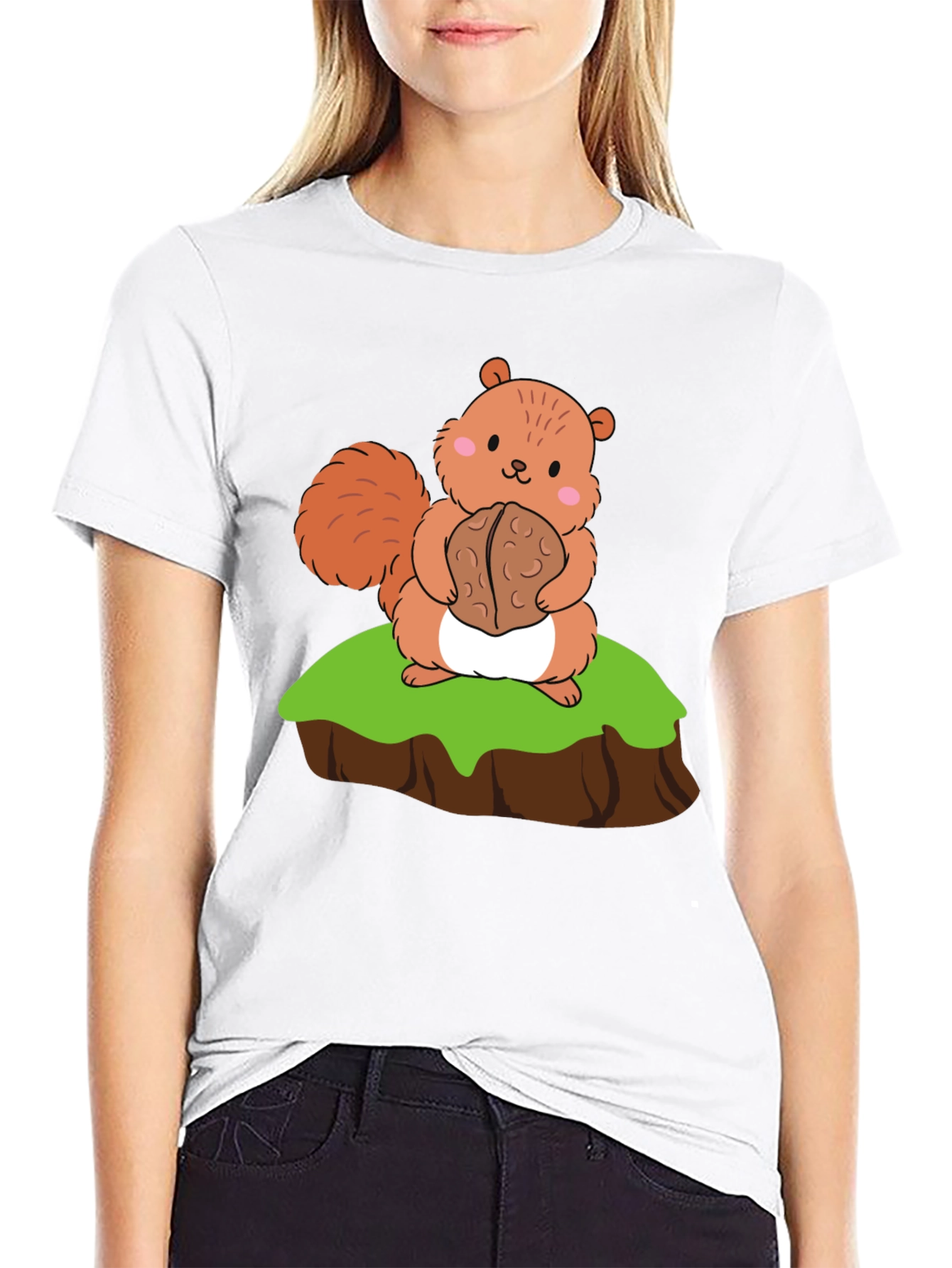 Cute Squirrel Holding Nut Graphic Tee - Black