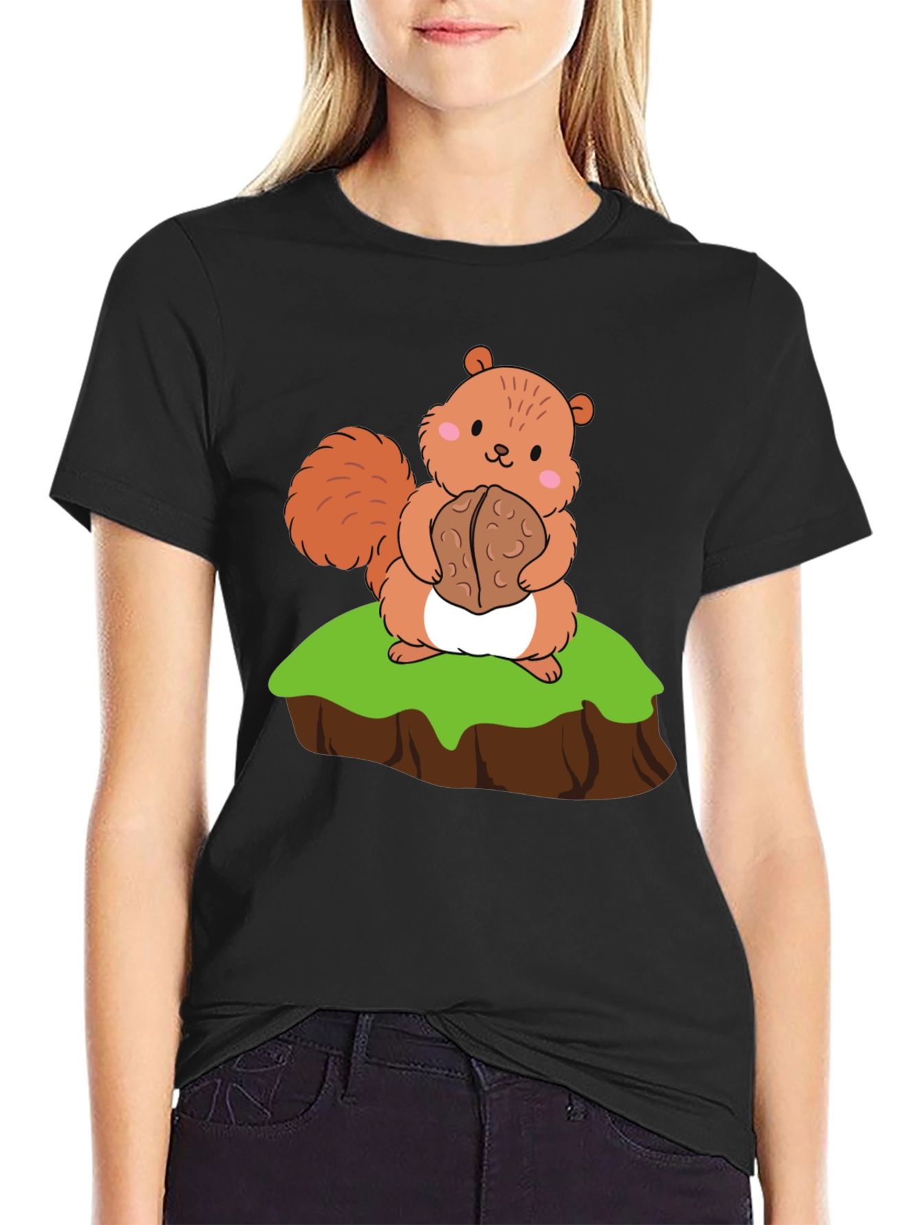 Cute Squirrel Holding Nut Graphic Tee - Black