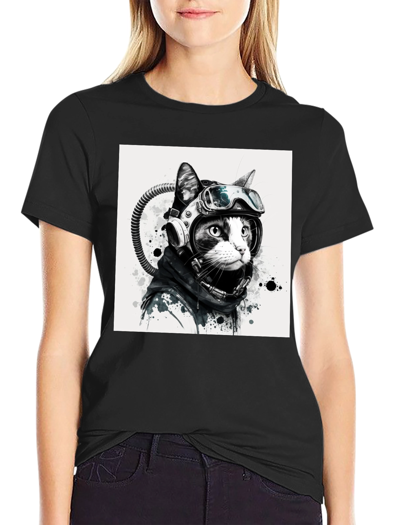Cool Cat Astronaut Graphic Tee - Black