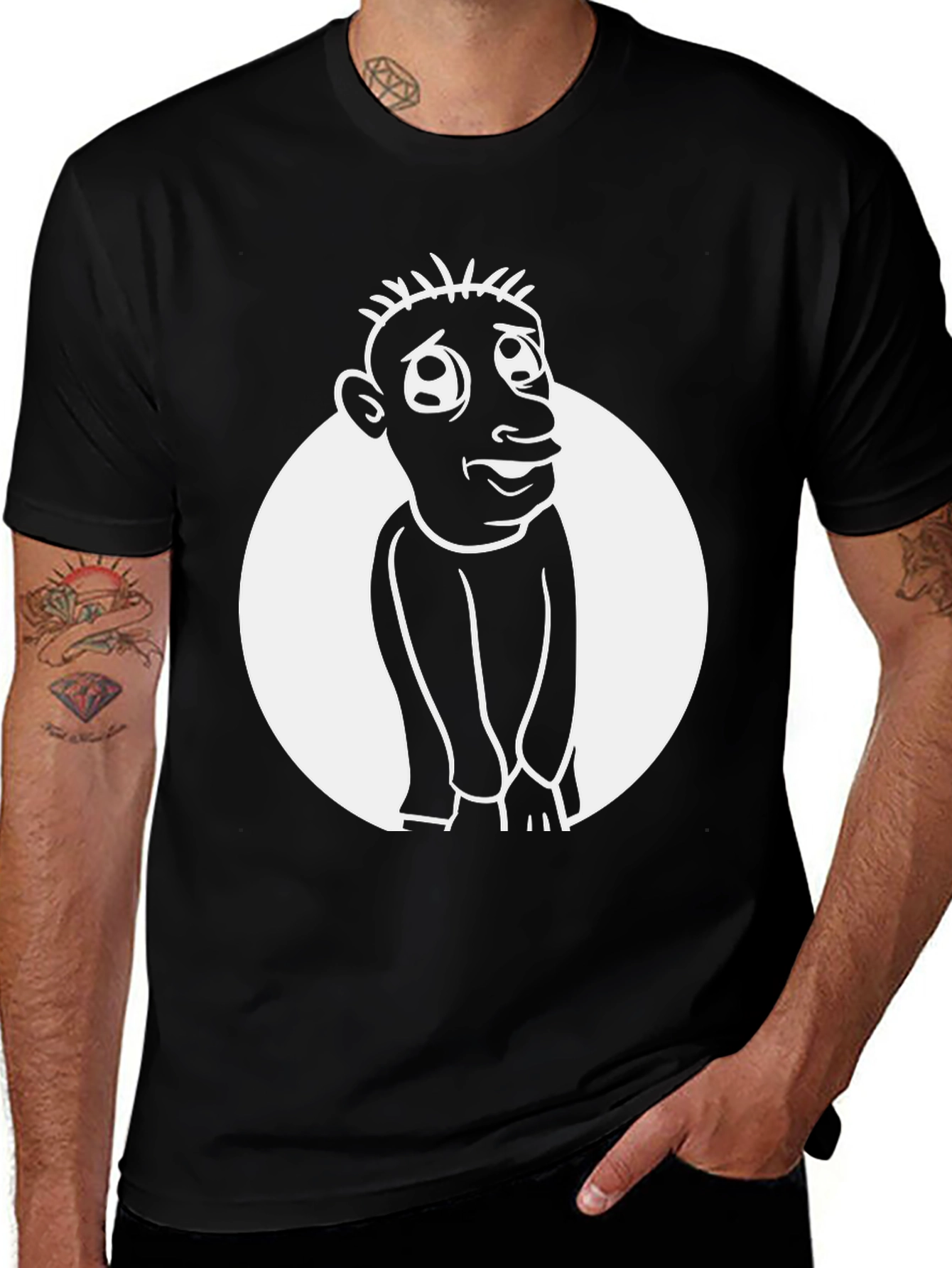 Cartoon Man Graphic Tee - Black Cotton Blend Shirt
