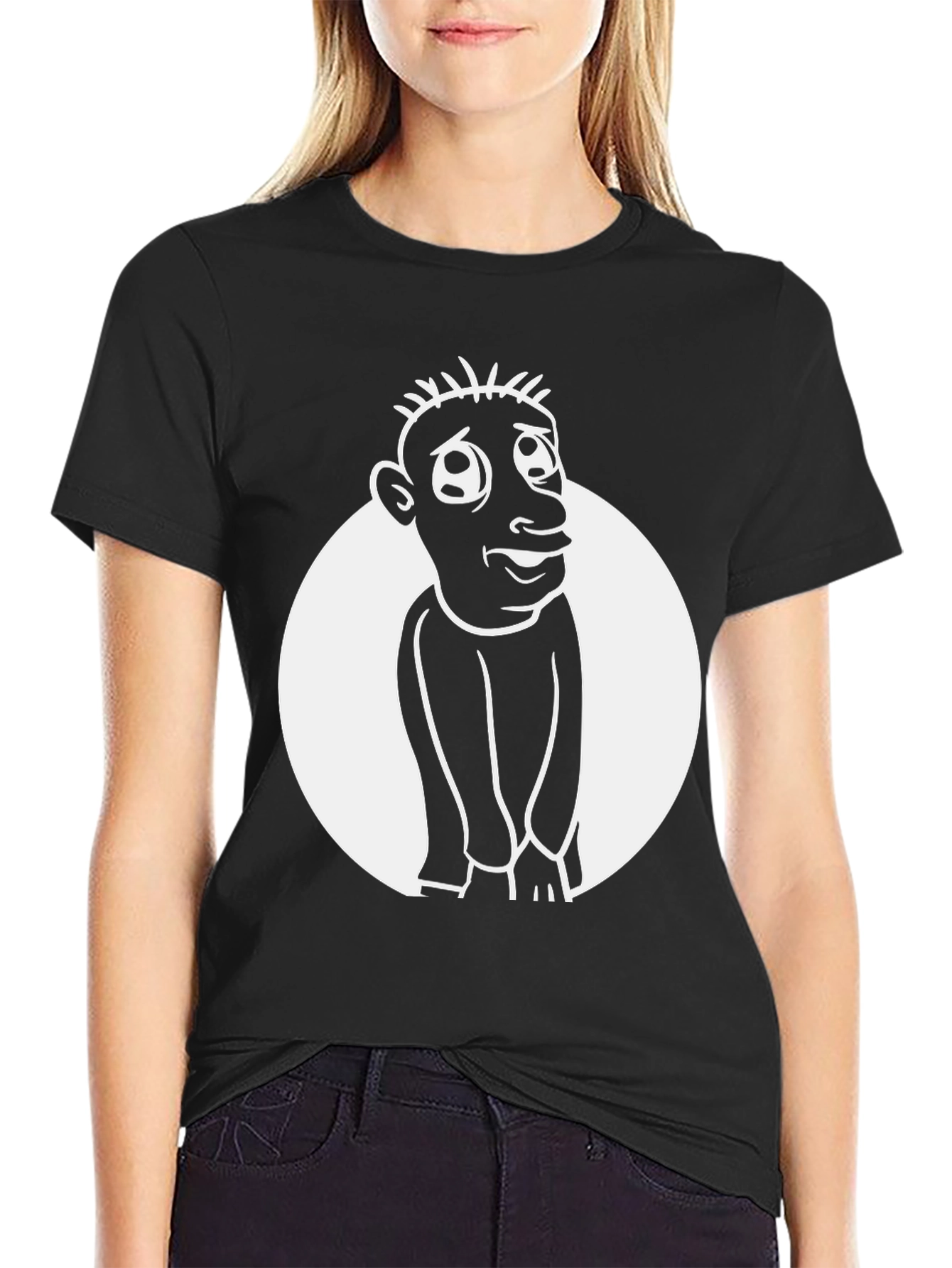 Cartoon Man Graphic Tee - Black Cotton Blend Shirt