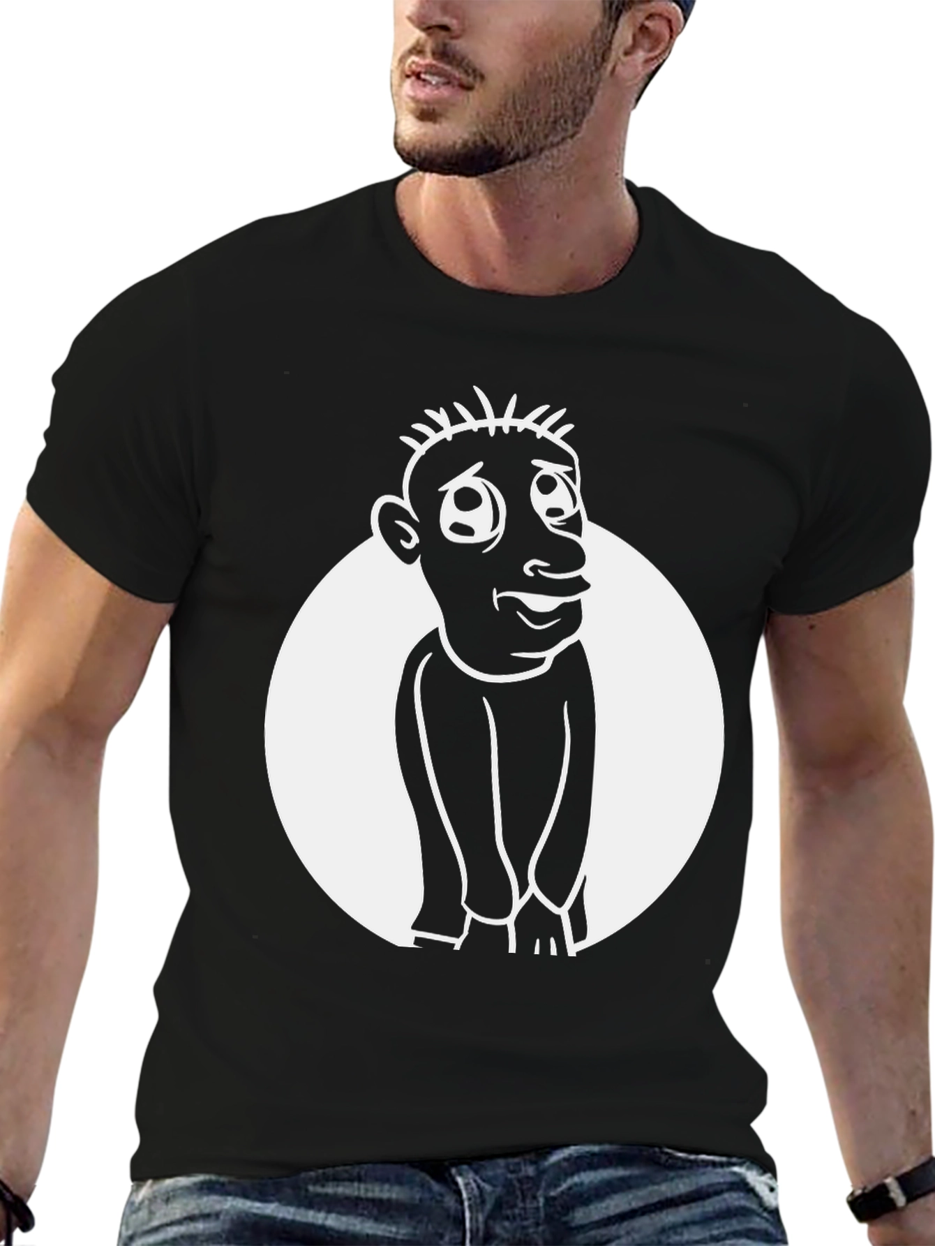 Cartoon Man Graphic Tee - Black Cotton Blend Shirt