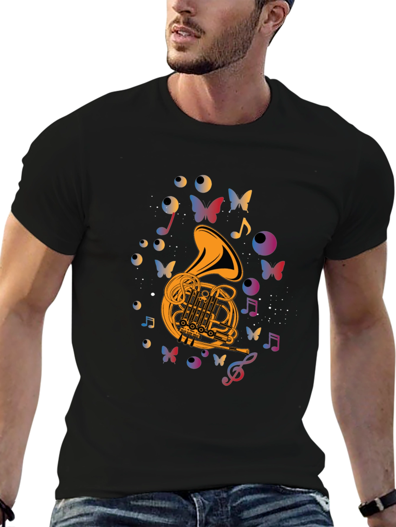 Musical French Horn T-Shirt - Artistic Butterfly Design