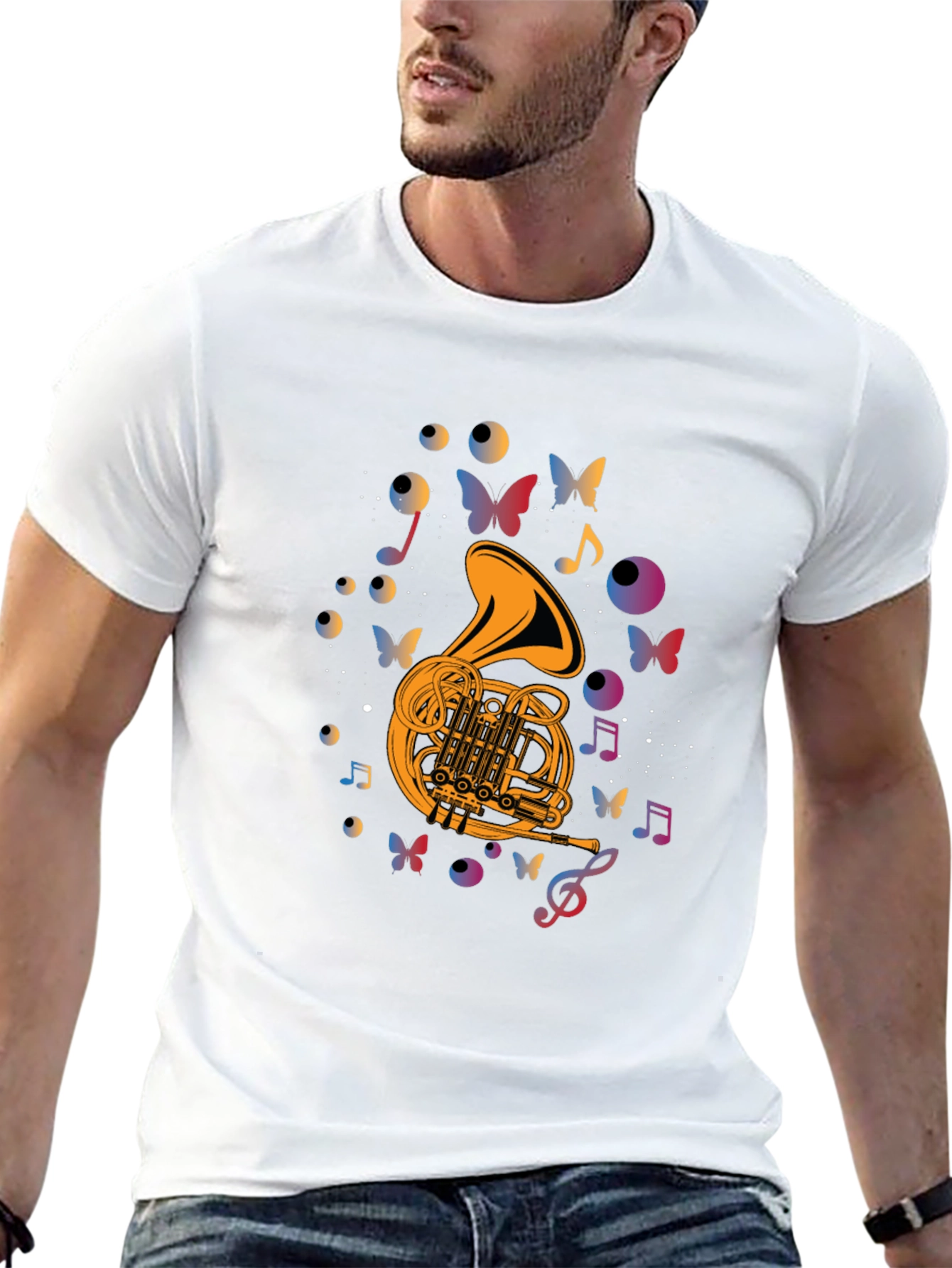 Musical French Horn T-Shirt - Artistic Butterfly Design